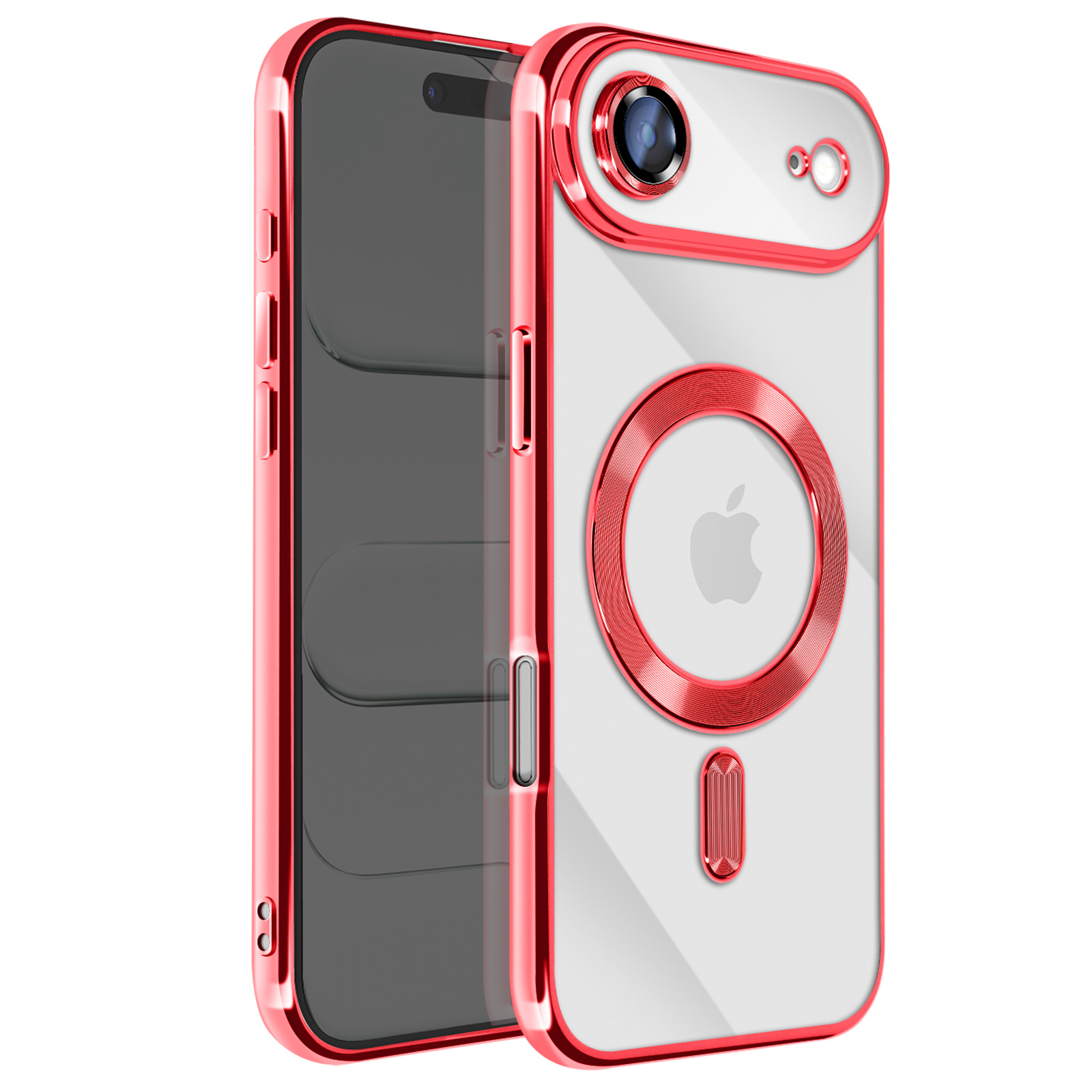 Rode iPhone-hoes, transparante achterkant, met een rode cirkel rond het Apple-logo en de camera, en een rood frame.