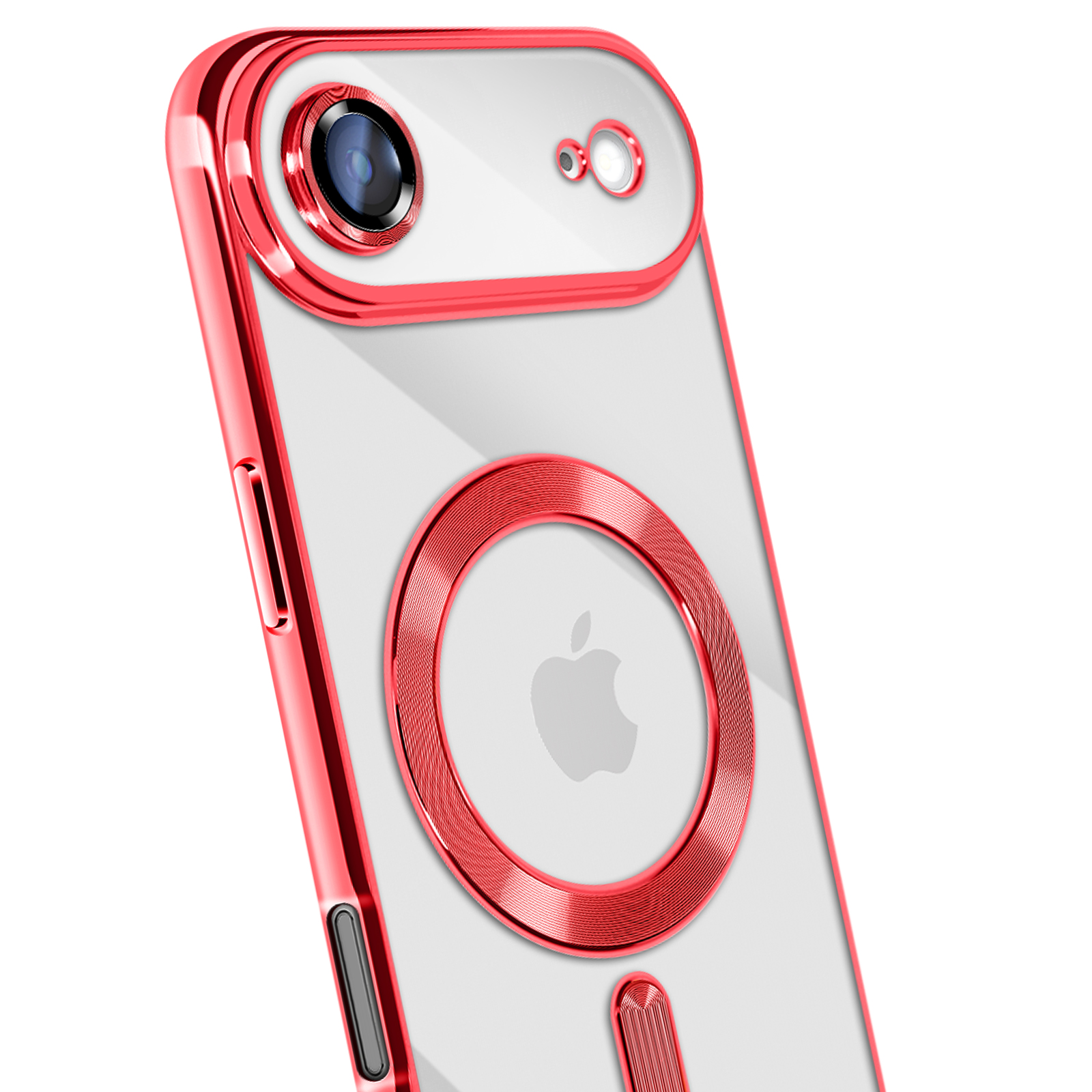 Een rode telefoonhoes met een doorzichtige achterkant en cameraring. Het Apple-logo is zichtbaar. De hoes heeft een glanzende afwerking.