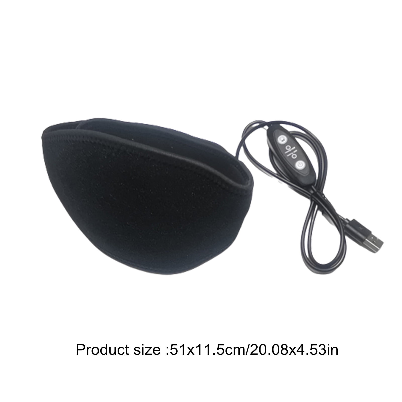 Eine schwarze Augenmaske mit Bedienfeld und USB-Anschluss. Produktgröße ist 51x11,5cm/20,08x4,53in.