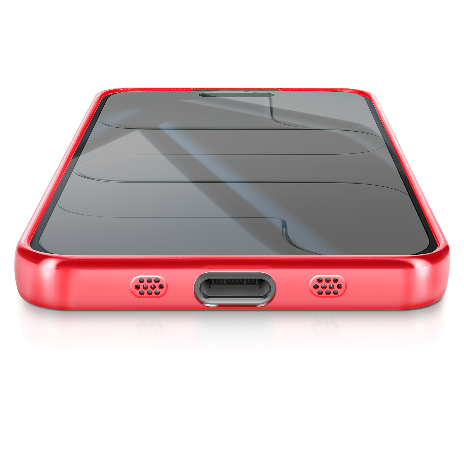 Een rode smartphone ligt op een wit oppervlak. Het scherm is donker met een reflecterend oppervlak. De telefoon heeft een rode rand.