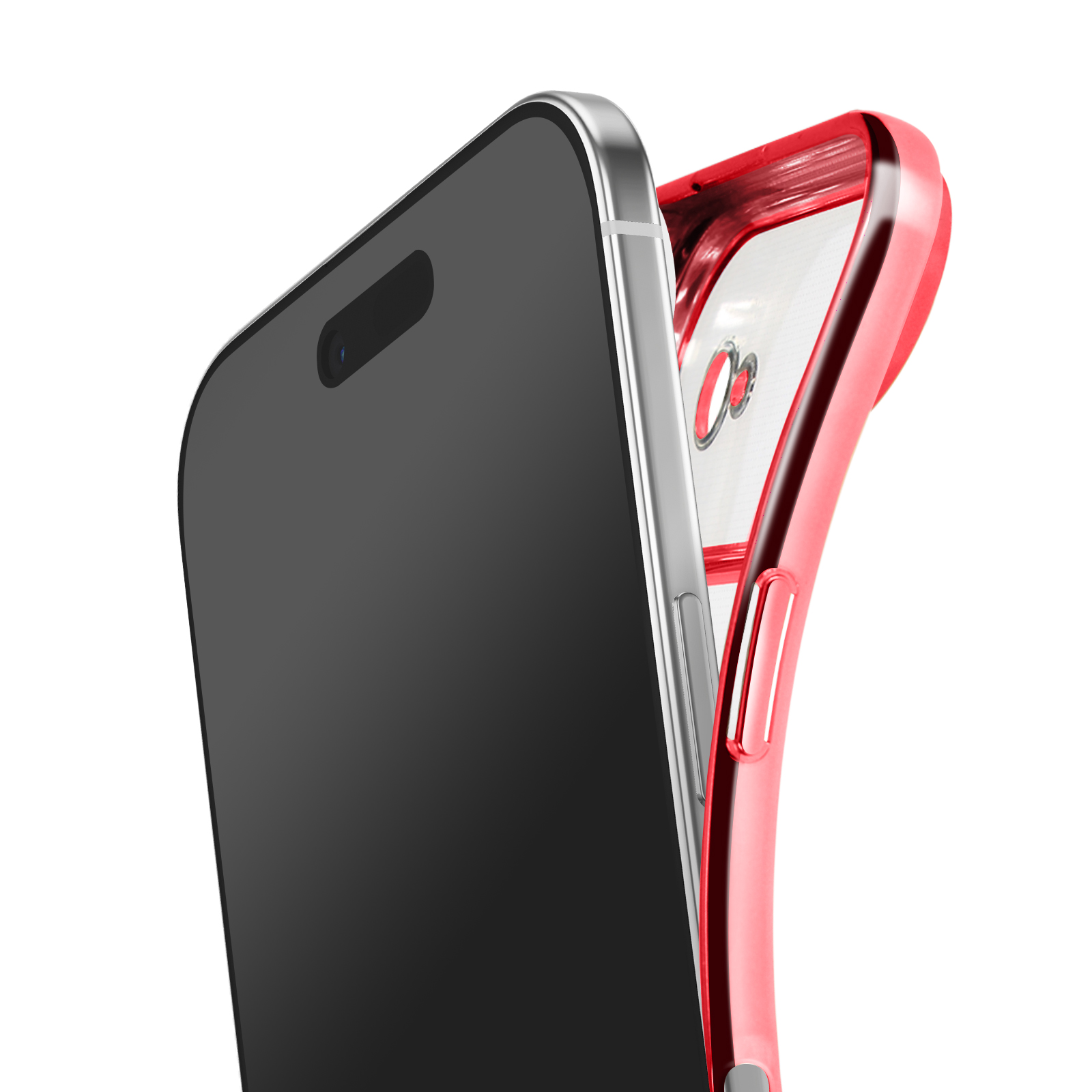 Een smartphone met een zwart scherm en zilveren frame staat naast een rode transparante telefoonhoes. Witte achtergrond.