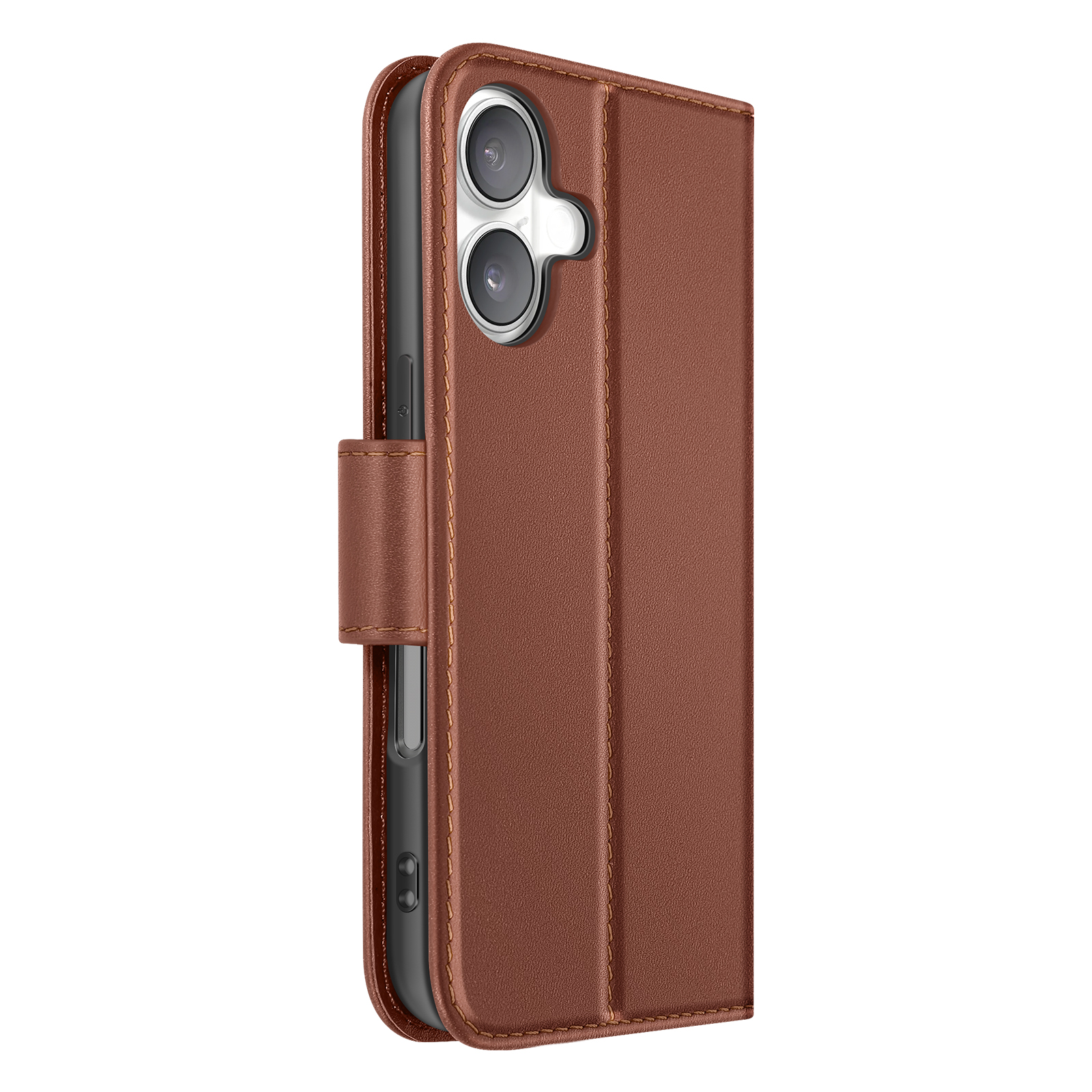 Custodia per telefono in pelle marrone in posizione aperta, che mostra il telefono e gli obiettivi della fotocamera.