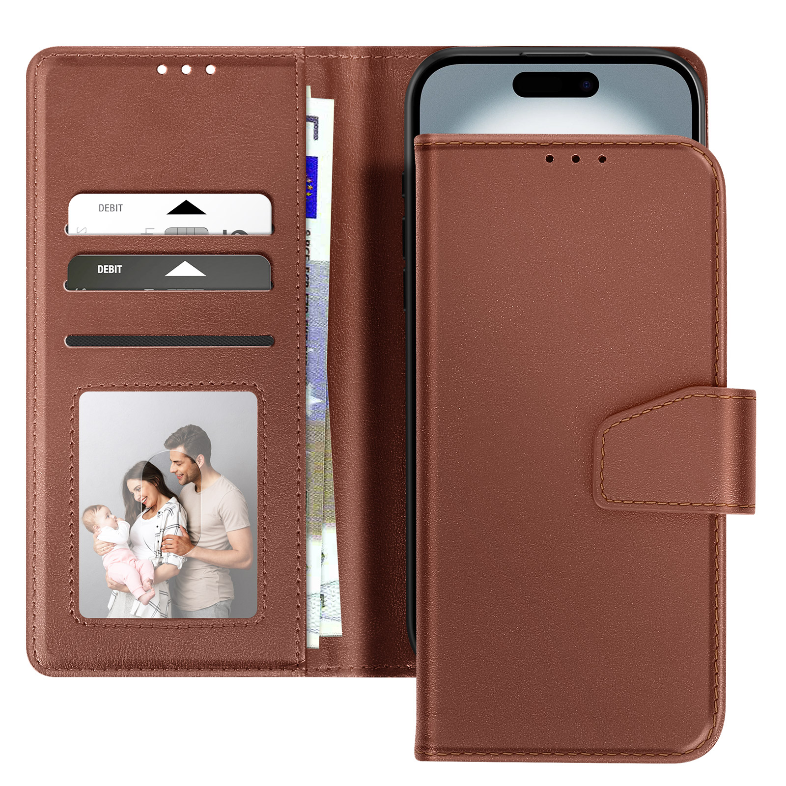 Custodia marrone con telefono. Ha fessure per carte, una foto di famiglia e una chiusura a scatto.