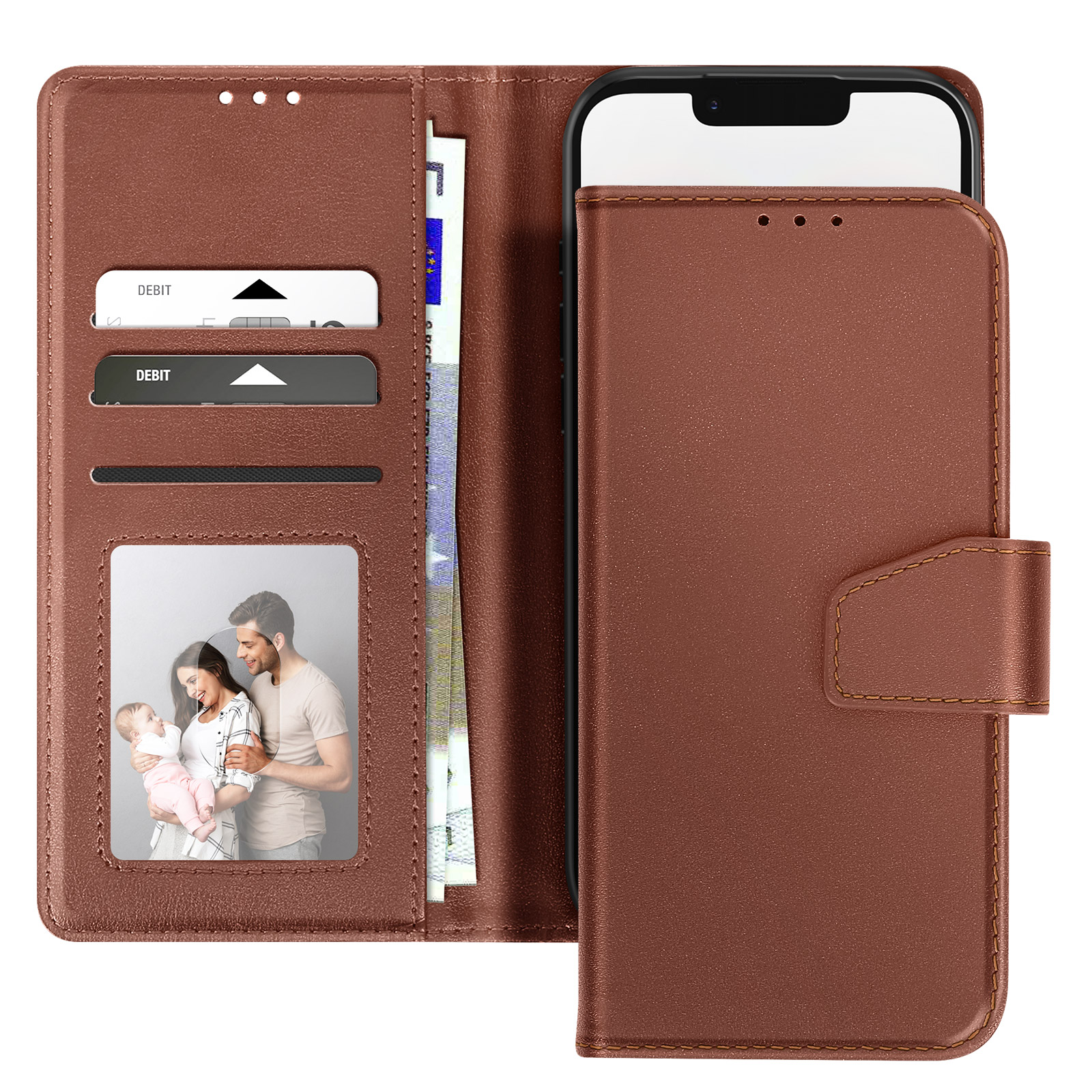 Custodia per telefono in pelle marrone con telefono all'interno. Sono visibili anche carte e una foto di famiglia.