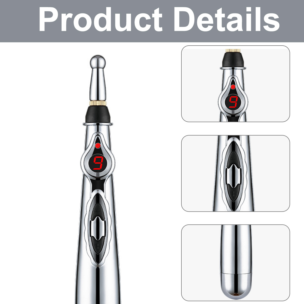 Akupunkturstift mit Digitalanzeige. Silbernes Gehäuse mit Detailaufnahmen. Zeigt die Zahl 9 an. Produktdetails Text oben.
