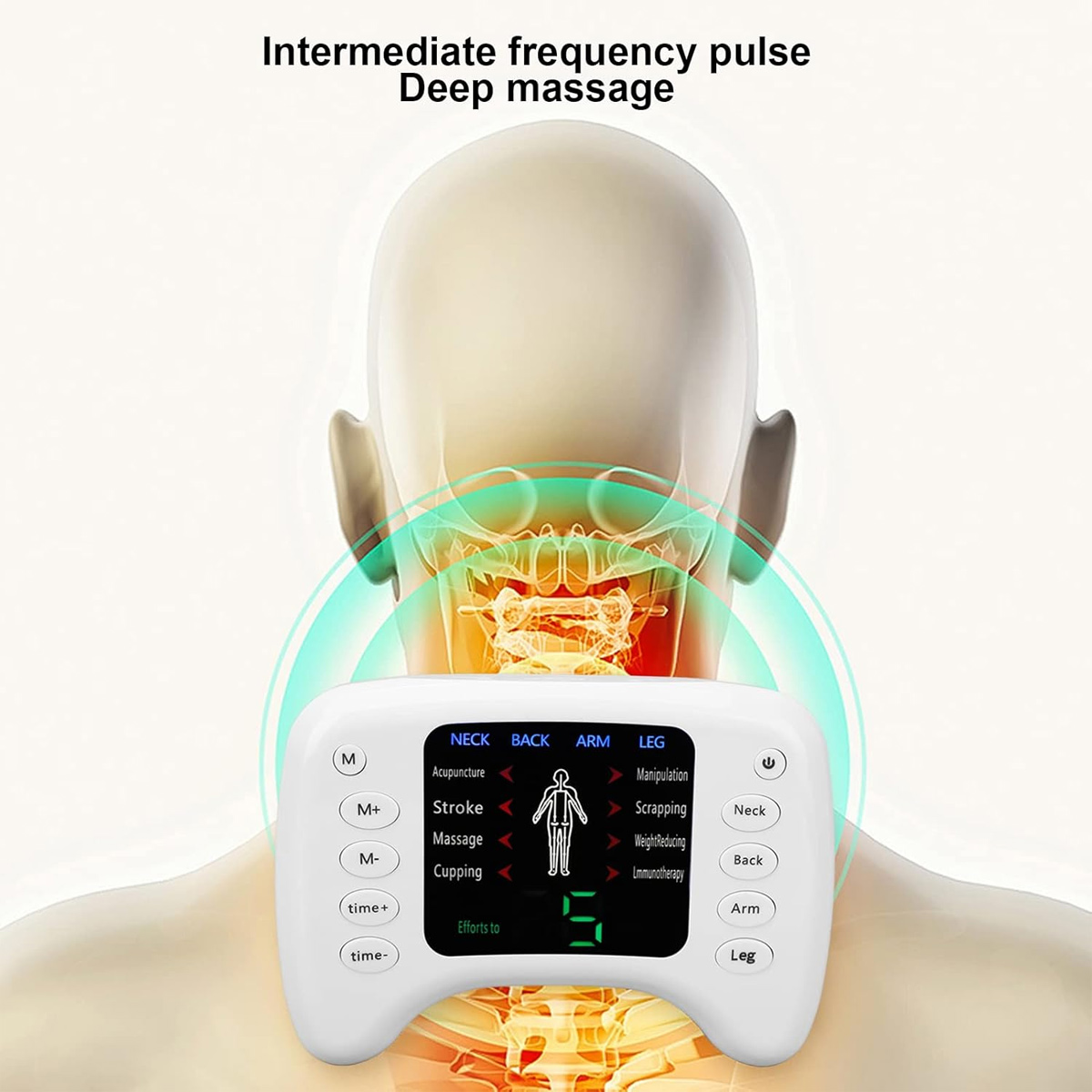Das Bild zeigt ein Nackenmassagegerät mit Knöpfen und einem Diagramm. Der Text oben lautet 'Zwischenfrequenzimpuls Tiefenmassage'.