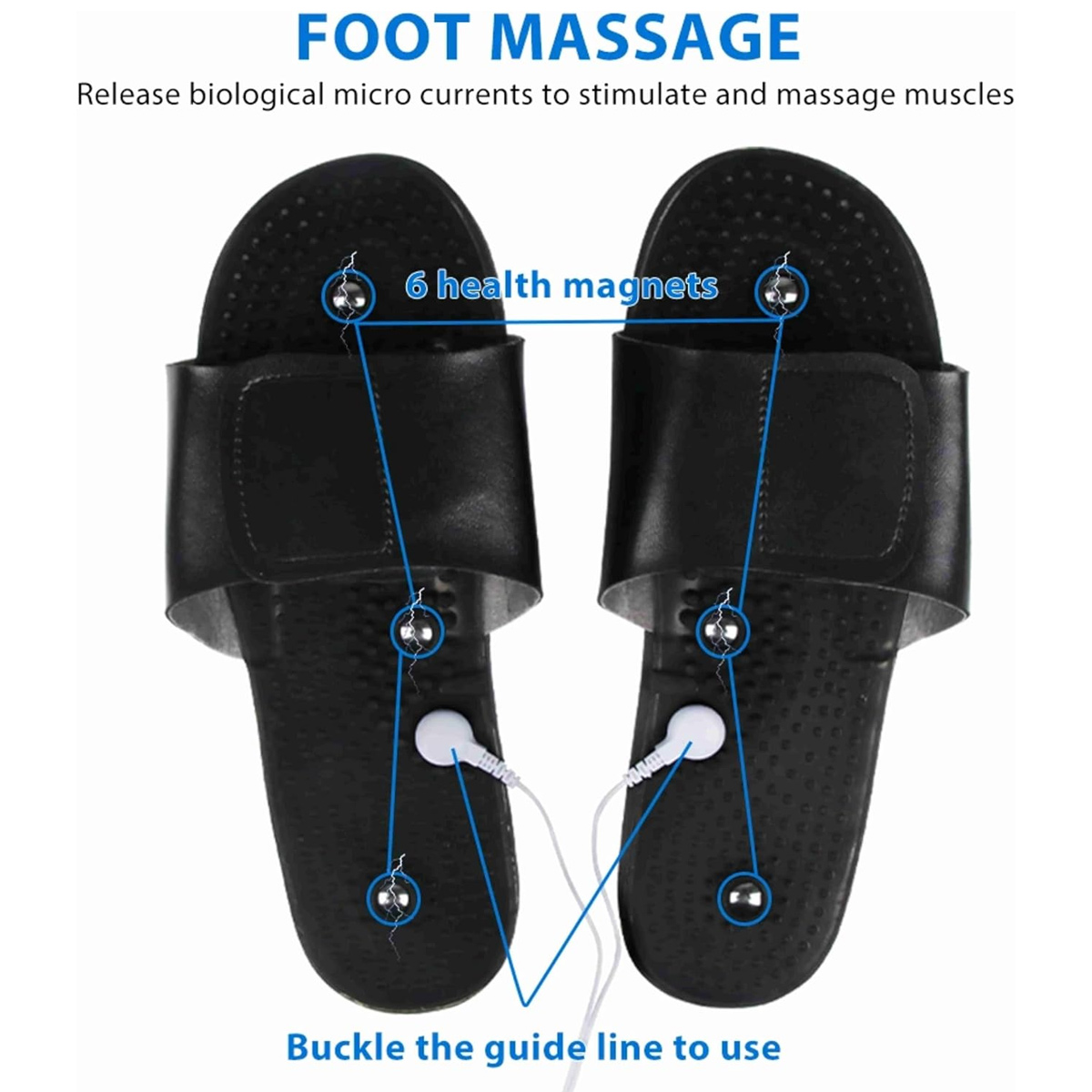Zwei schwarze Fußmassage-Sandalen mit Gesundheitsmagneten und Führungslinien, mit dem Text 'FOOT MASSAGE' und '6 health magnets'.