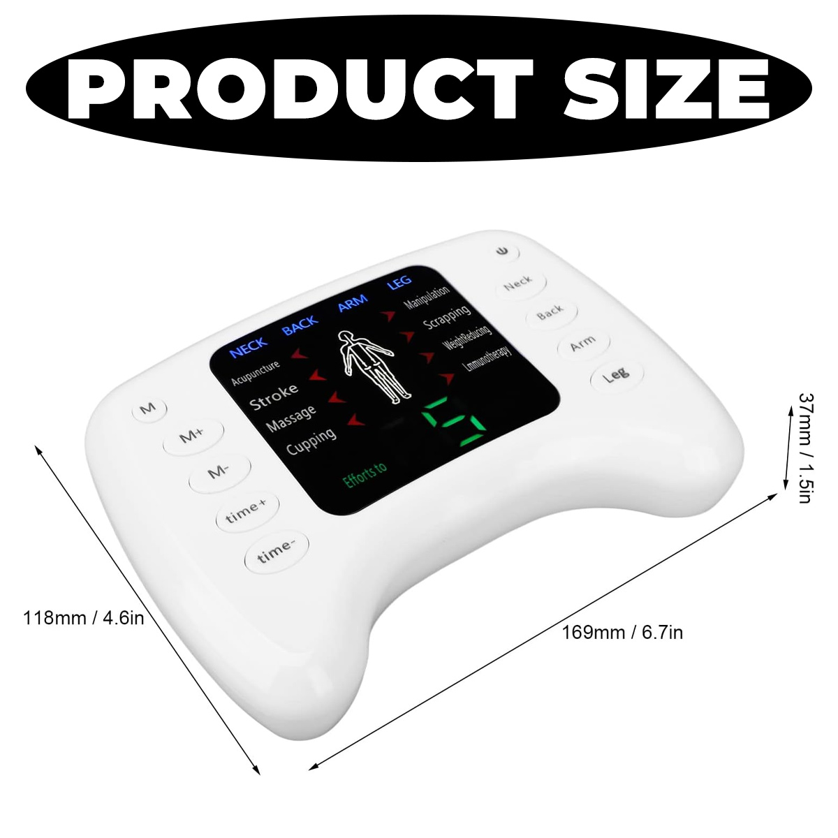 Ein weißes Gerät mit Knöpfen und einem Bildschirm zeigt Gesundheitsbegriffe an. Es hat Abmessungen und die Aufschrift 'PRODUCT SIZE'.
