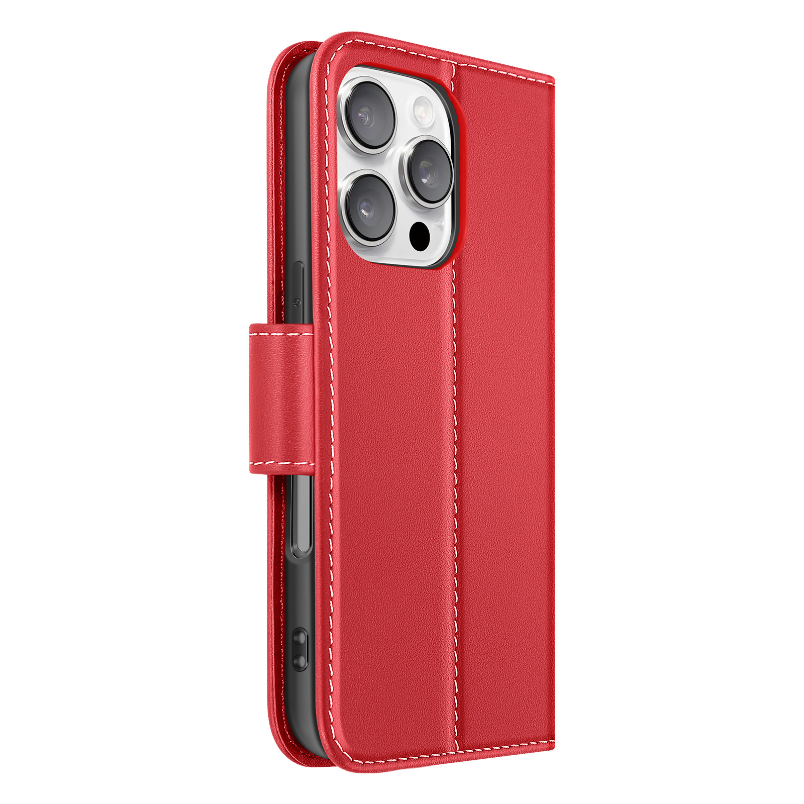 Custodia rossa per telefono, bordi bianchi cuciti, aperta con telefono nero. Obiettivi della fotocamera visibili.