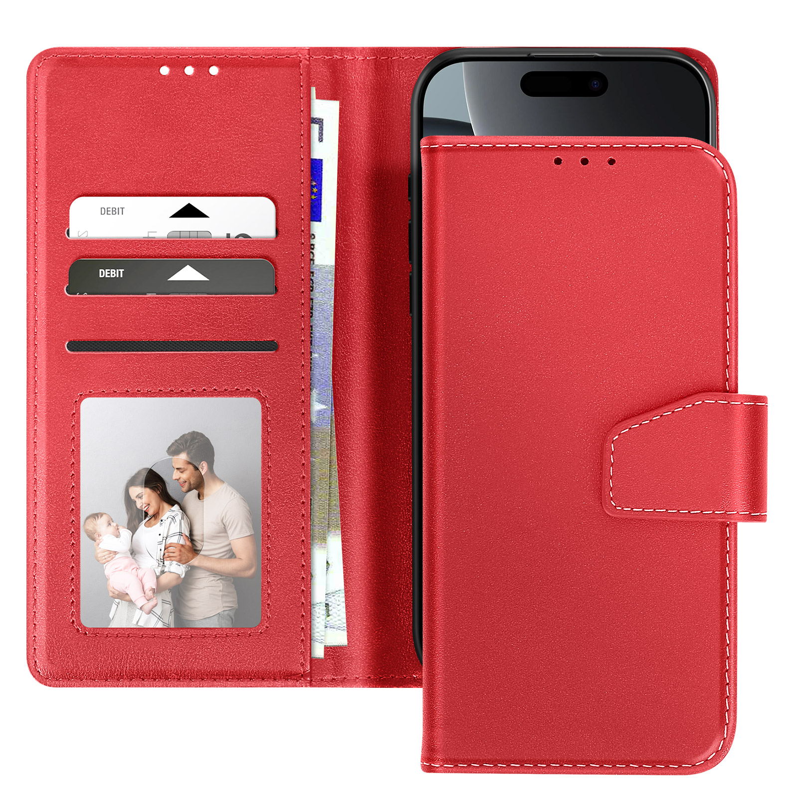 Custodia rossa per telefono con telefono. Ha scomparti per carte, foto di famiglia e denaro. Cuciture bianche.