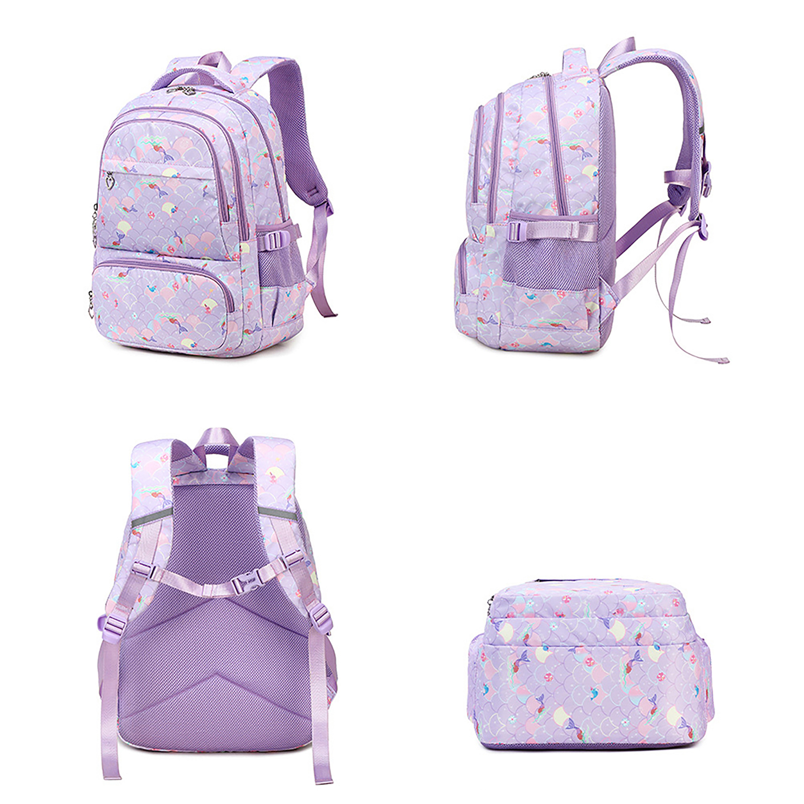 Ein lila Rucksack mit einem Meerjungfrauenmuster, aus verschiedenen Blickwinkeln gezeigt. Er hat mehrere Fächer und verstellbare Träger.