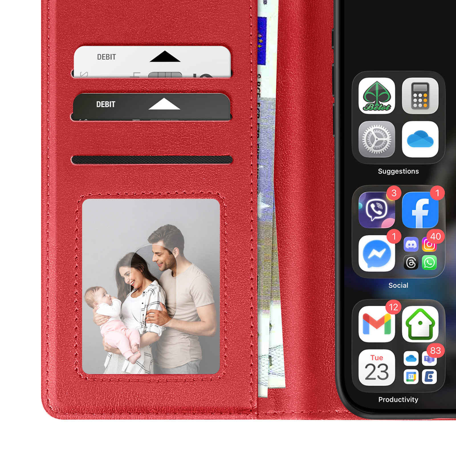 Portafoglio rosso con carte, foto di famiglia e telefono con icone di app.