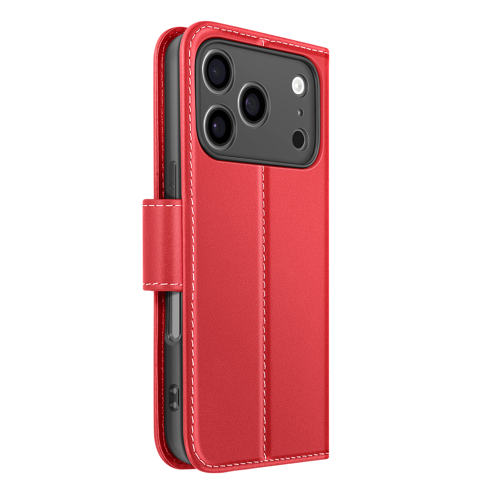 Una custodia per telefono in pelle rossa con cuciture bianche. La custodia è aperta, mostrando le lenti della fotocamera del telefono. Lo sfondo è bianco.