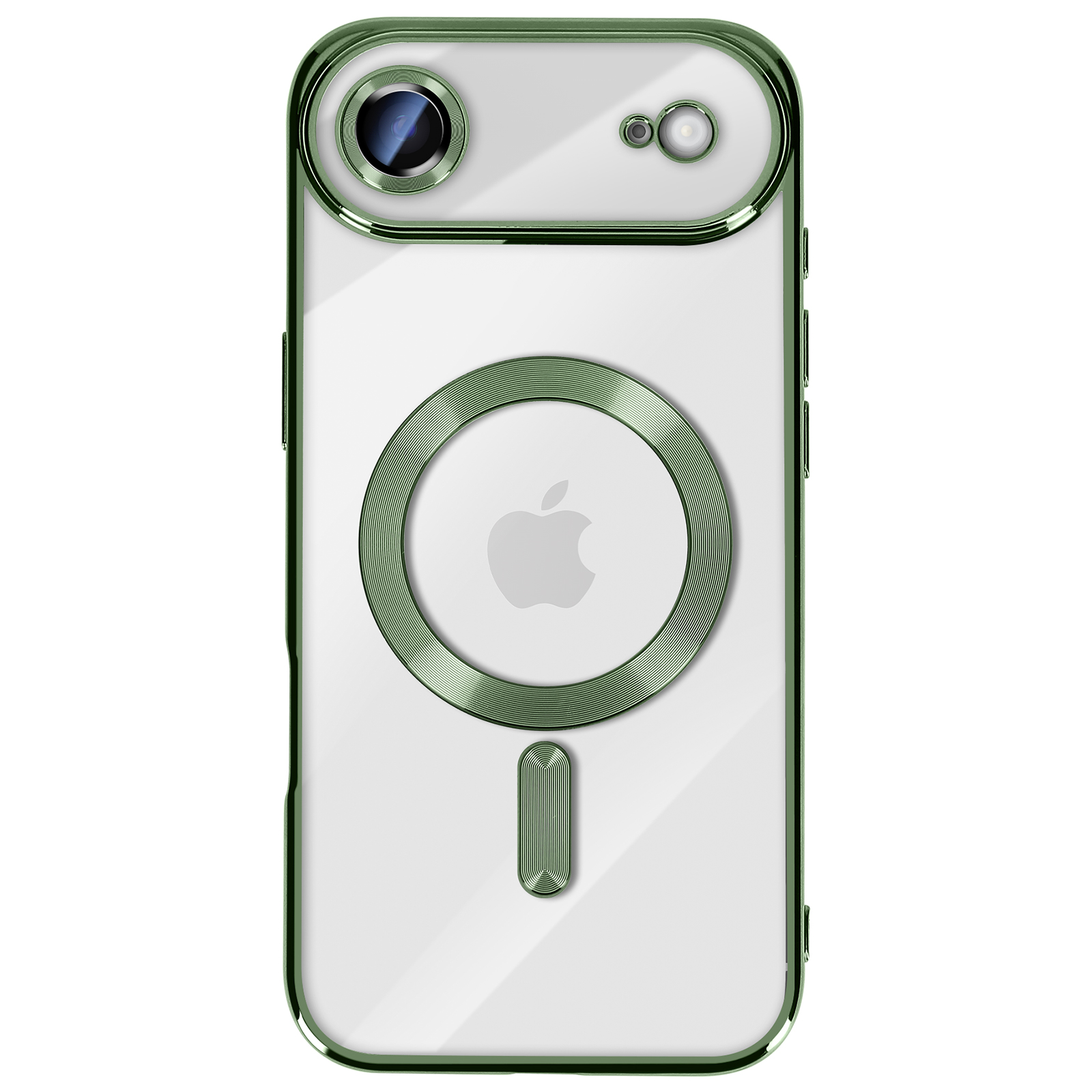 Coque de téléphone à bord vert avec dos transparent. Logo Apple visible, avec des cercles et barres vertes.
