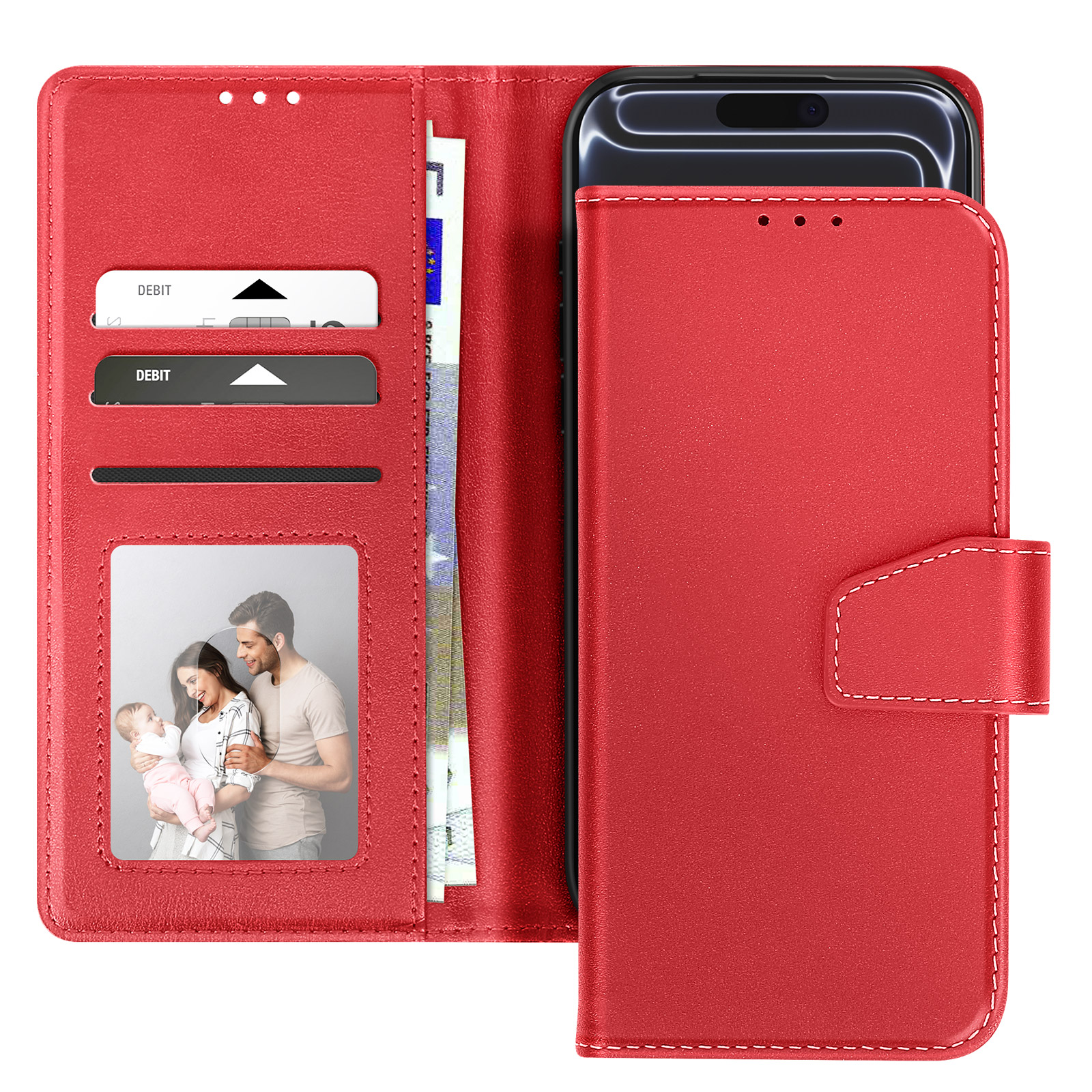Una custodia rossa con un telefono dentro. Ha slot per schede, una foto di famiglia e una chiusura.