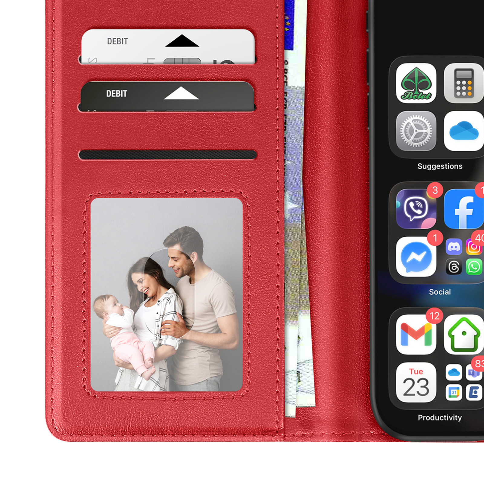 Custodia rossa per telefono con telefono, foto di famiglia e carte. Il telefono ha app visibili. Mar 23 è visualizzato.