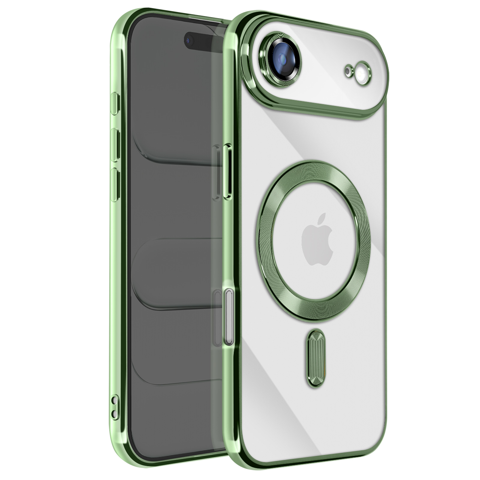 Une coque de téléphone, cadre vert, dos transparent. Comprend une découpe pour l'appareil photo, logo Apple et anneau MagSafe.