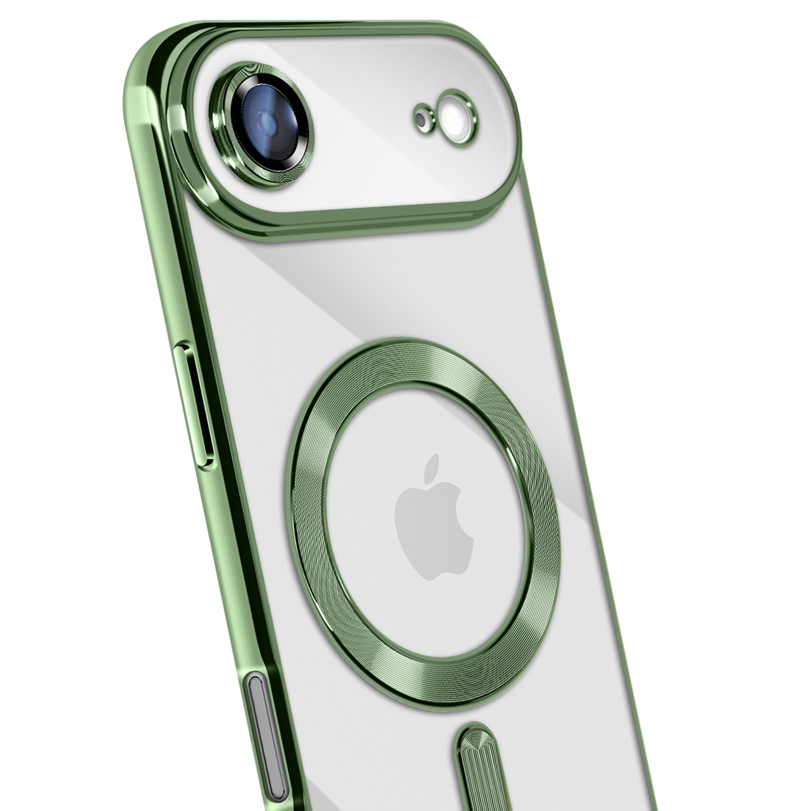 Une coque transparente pour iPhone avec des bordures métalliques vertes. Elle a un anneau de caméra, un anneau MagSafe et un support.