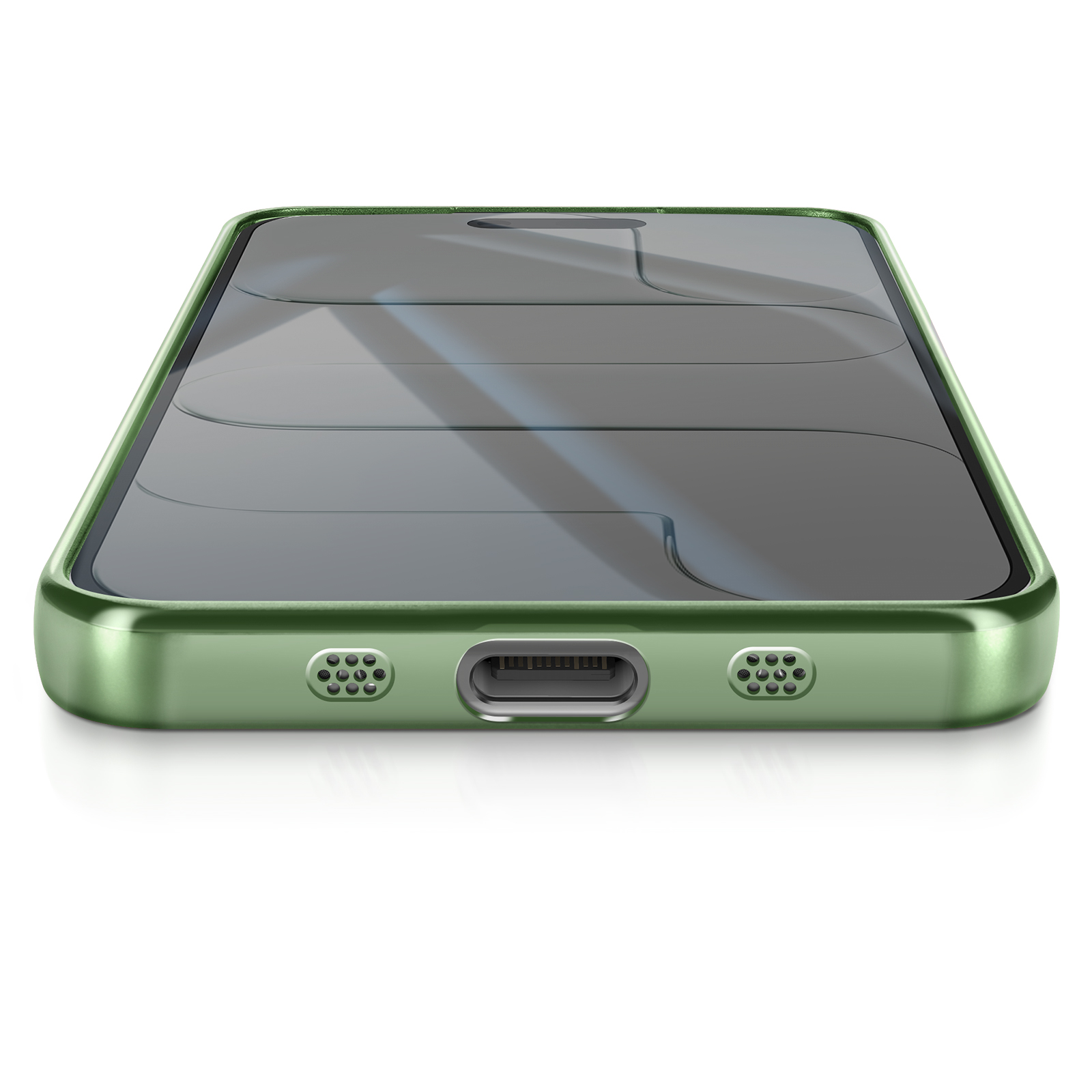 Une coque de téléphone verte avec un protecteur d'écran sur fond blanc. Le bas a un port de charge et des trous de haut-parleur.