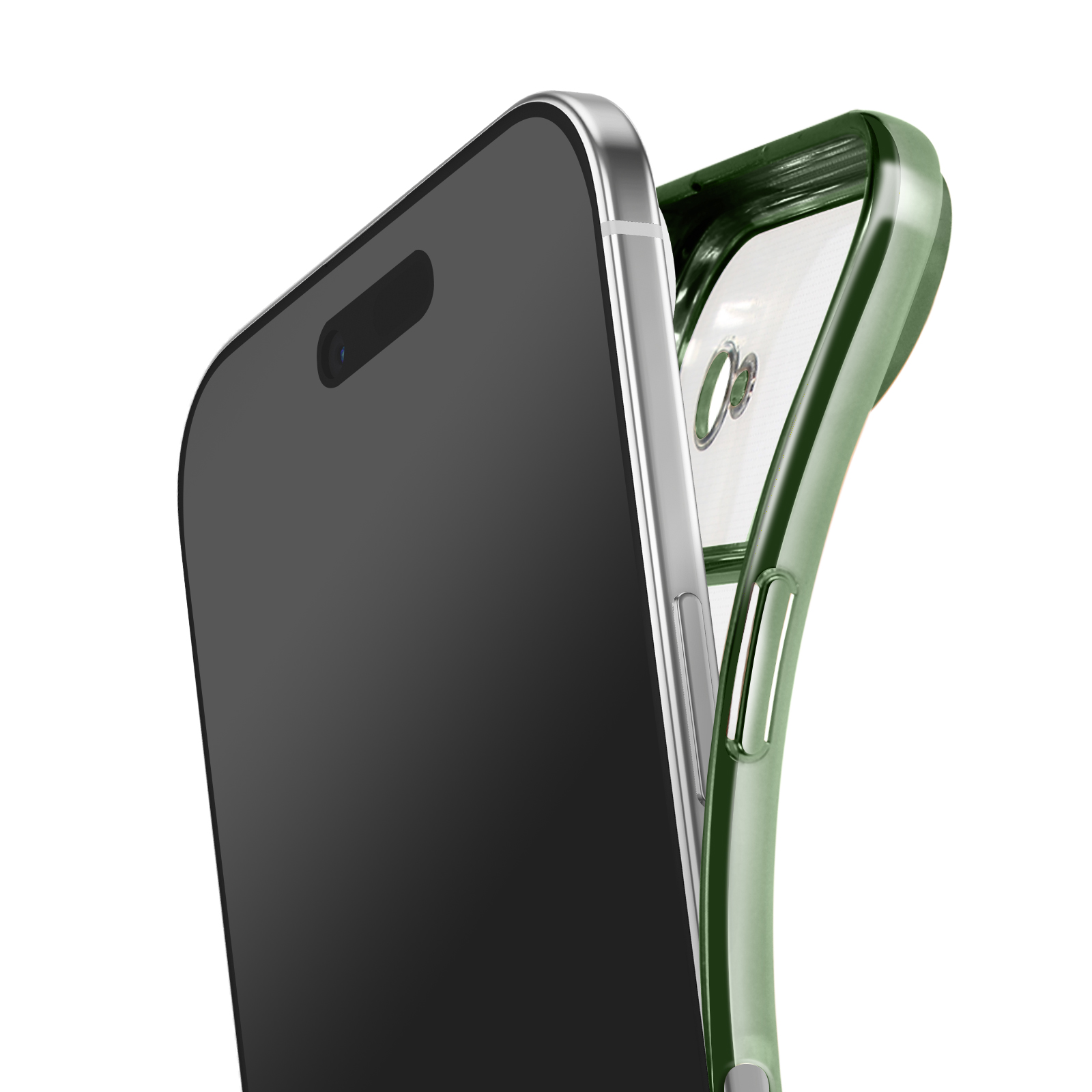 Un smartphone à écran noir à côté d'une coque de téléphone verte. Fond blanc.