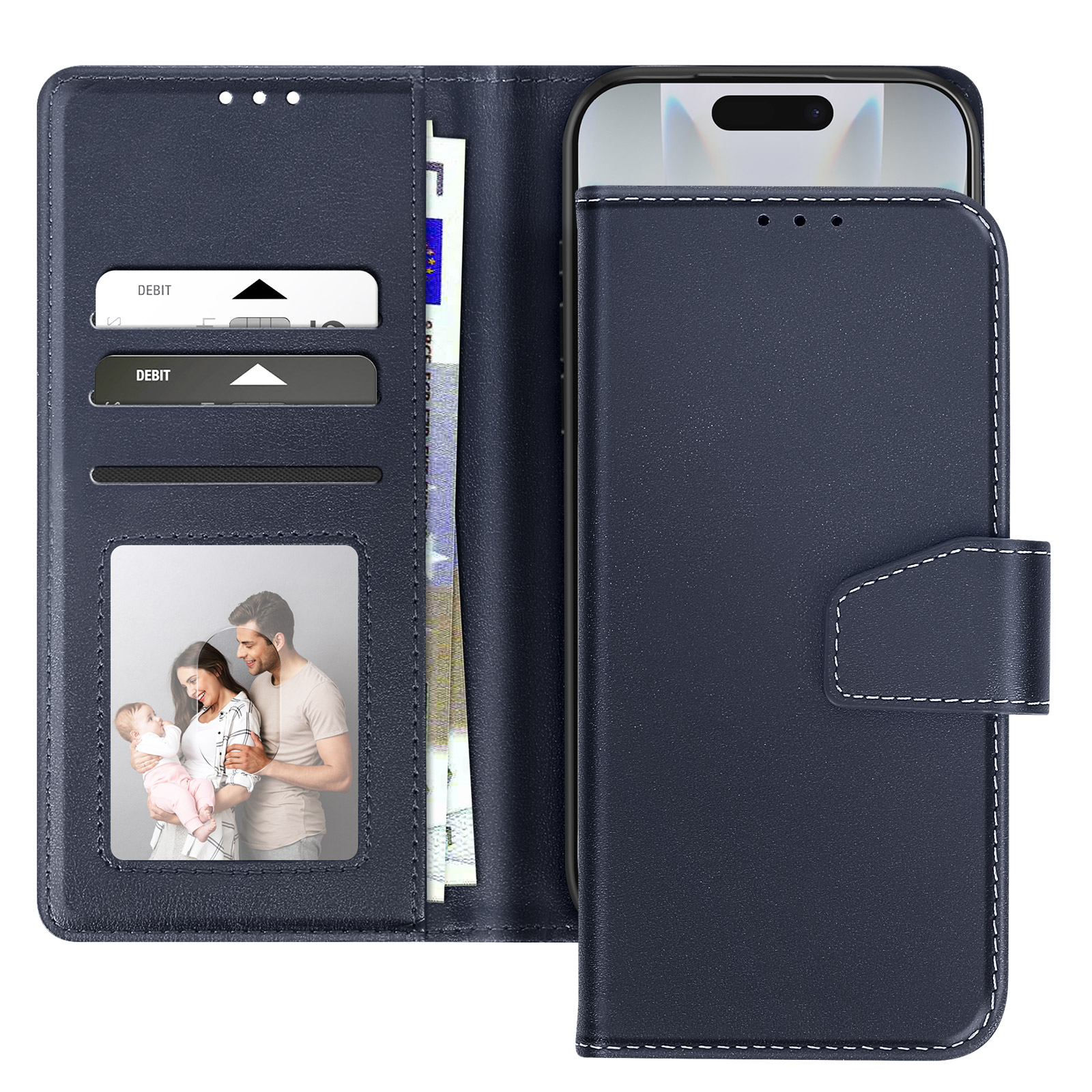 Custodia per telefono blu scuro con telefono. Ha scomparti per carte, una foto di famiglia e una chiusura a scatto.
