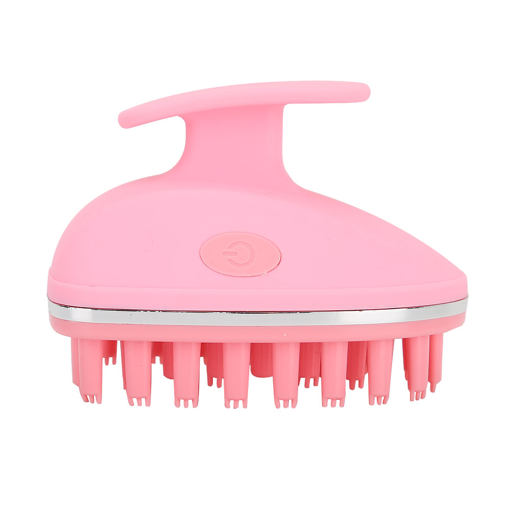 Ein rosa Kopfmassagegerät mit Griff und Silikonborsten. Es hat einen Power-Button mit einem Stromsymbol.
