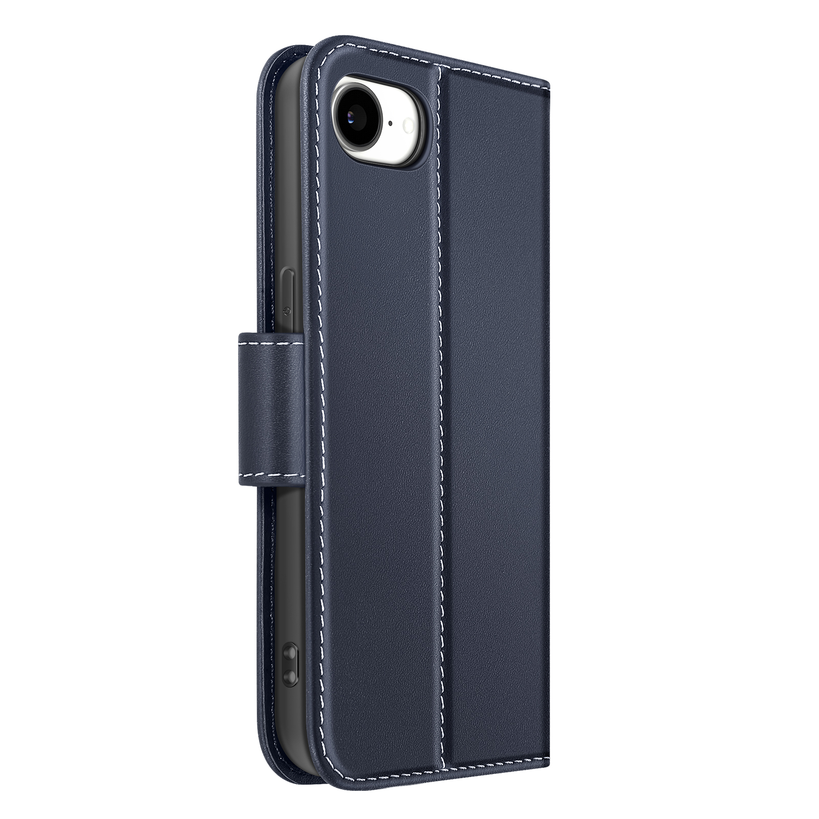 Custodia per telefono blu scuro con cuciture bianche. Ha un ritaglio per la fotocamera e una chiusura magnetica.
