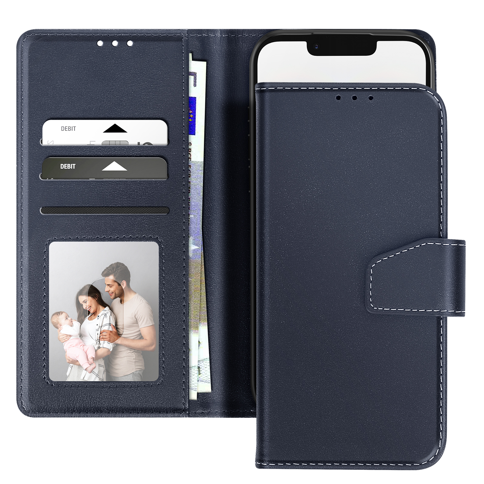 Una custodia per telefono blu scuro aperta, con un telefono all'interno. Ha fessure per carte e una foto. Il denaro è visibile.