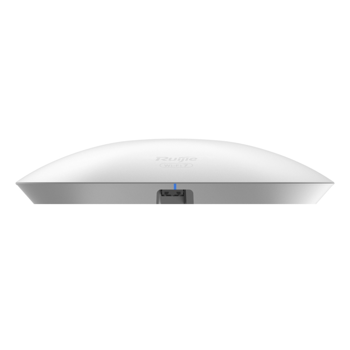 Un access point Ruijie Wi-Fi 7 bianco, a forma di cupola, con luce blu e logo. Su sfondo bianco.