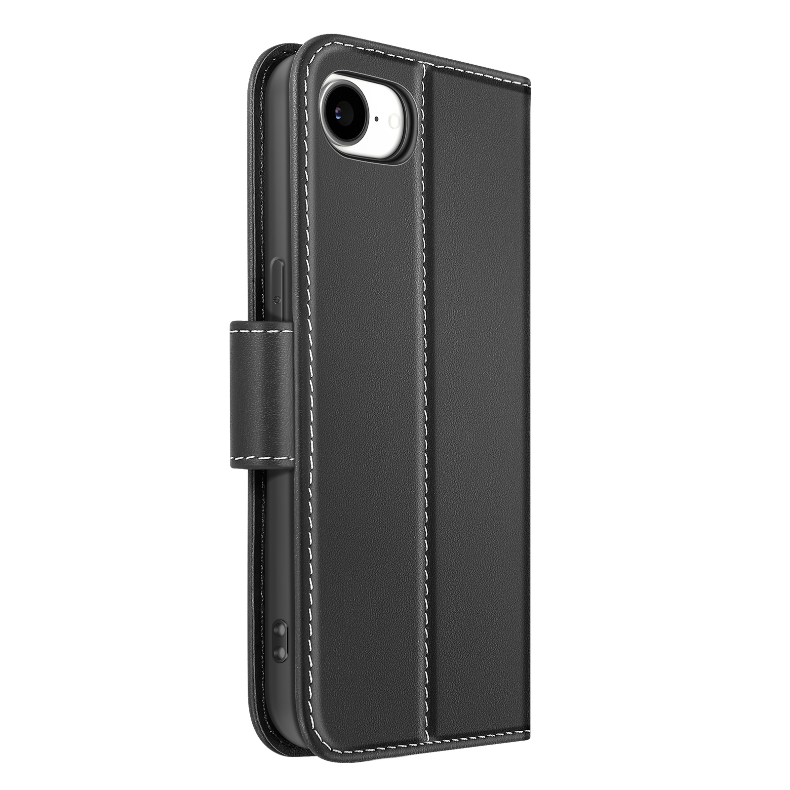 Viene mostrata una custodia nera per telefono con cuciture bianche. La custodia è chiusa e ha una chiusura magnetica.