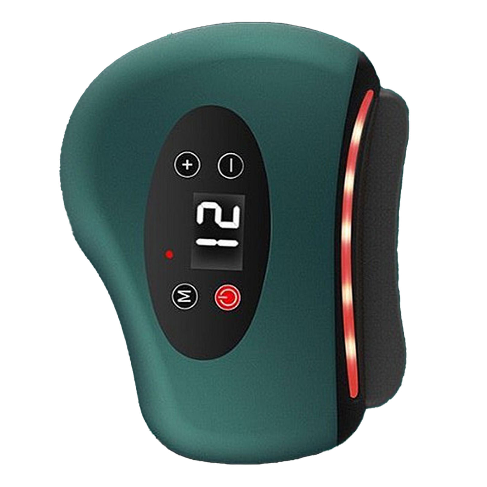 Grünes Gerät mit Display, das '21' anzeigt, Plus- und Minus-Tasten. Rotes Licht an der Seite und ein Power-Button.