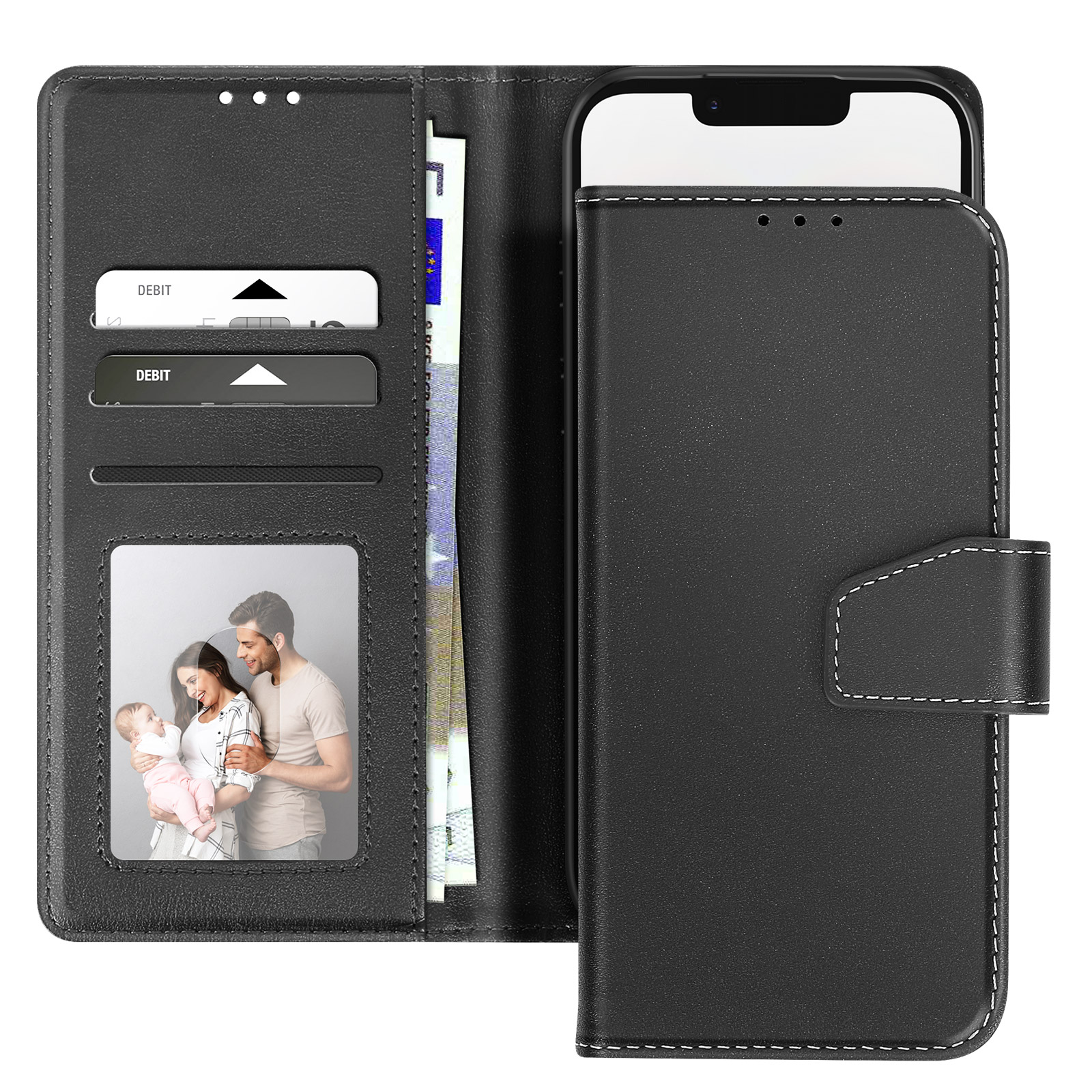 Custodia nera per telefono con telefono. Ha fessure per carte, una foto di famiglia e denaro all'interno.