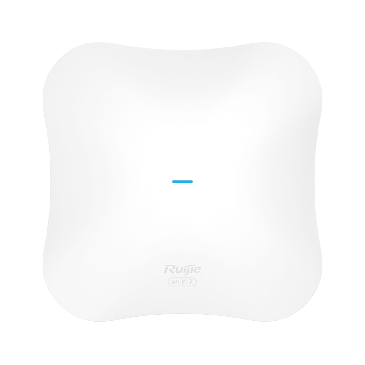 Un dispositivo bianco, quadrato e arrotondato con una linea blu e il testo 'Ruijie Wi-Fi 7'. Il dispositivo è su sfondo bianco.