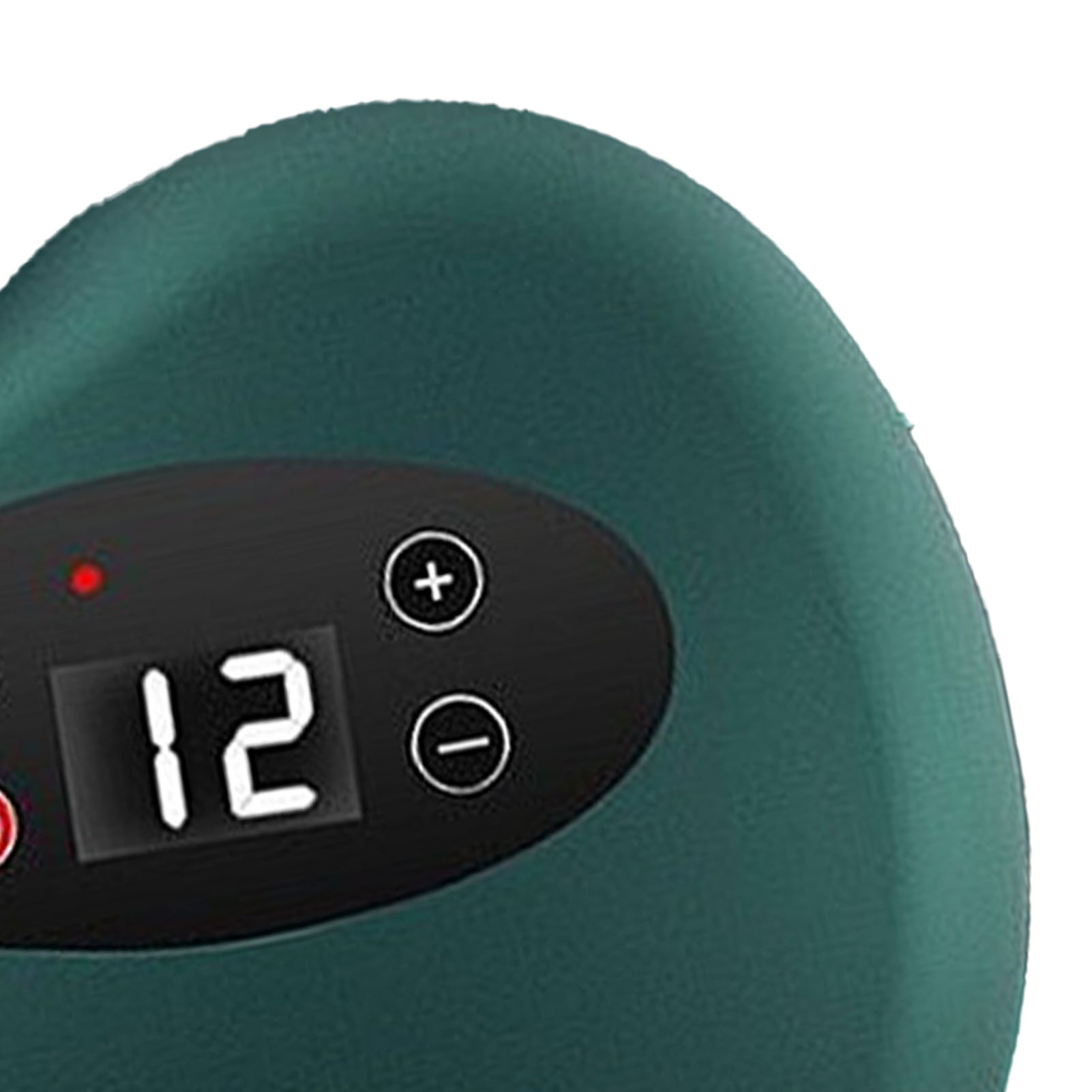Dunkelgrünes Gerät mit Digitalanzeige '12', rotem Licht und Plus/Minus-Tasten.
