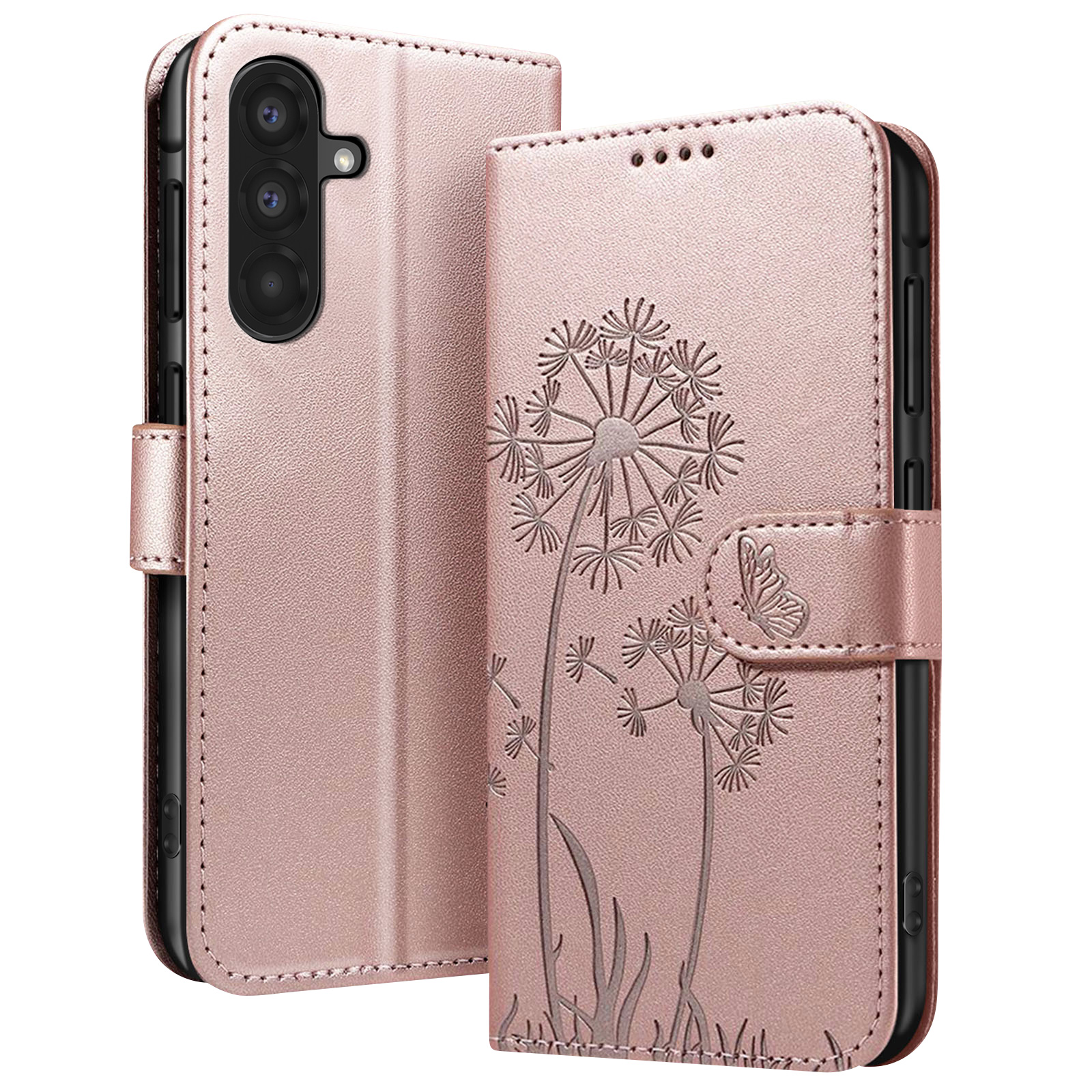 Una custodia per telefono color oro rosa è aperta. Ha un design di dente di leone e farfalla. Protegge il telefono.