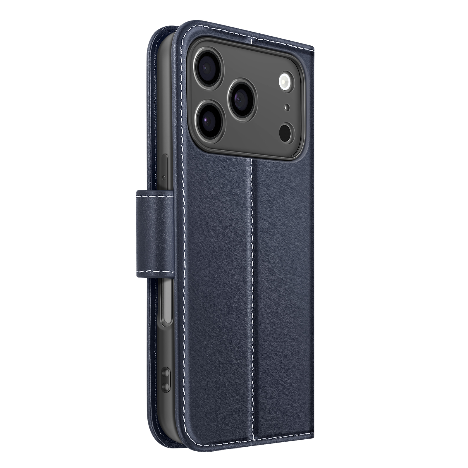 Una custodia per telefono in pelle blu scuro con cuciture bianche. Sono visibili le lenti della fotocamera.