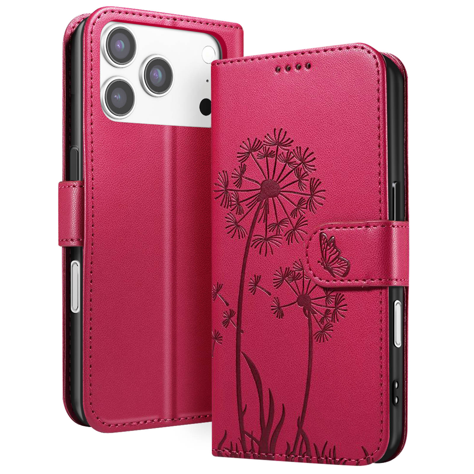 Custodia per telefono rosa con disegni di dente di leone e farfalla. Telefono visibile a sinistra. Custodia aperta.