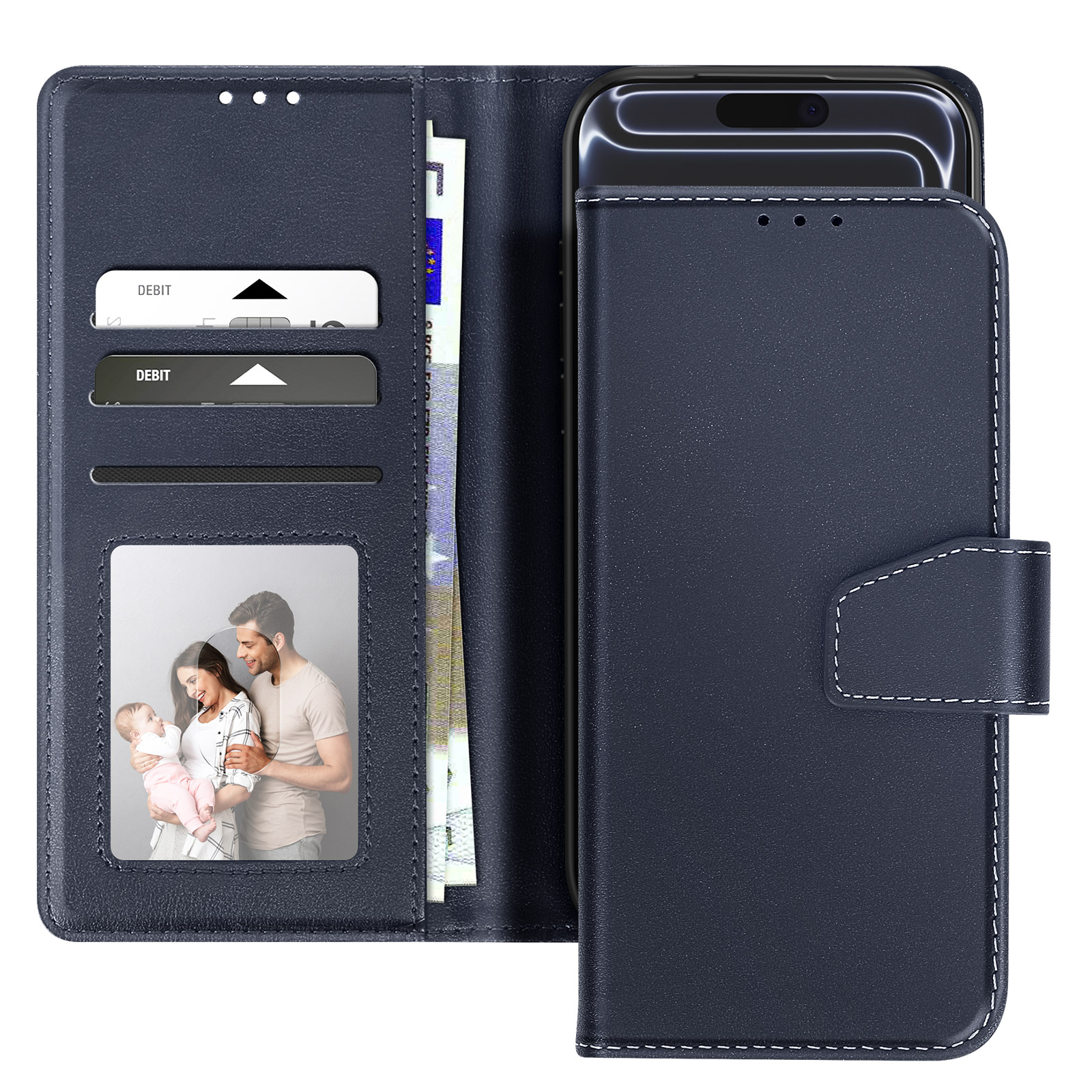 Custodia blu per telefono aperta, con telefono, carte e denaro, con foto di famiglia. Dettagli cuciture bianche.