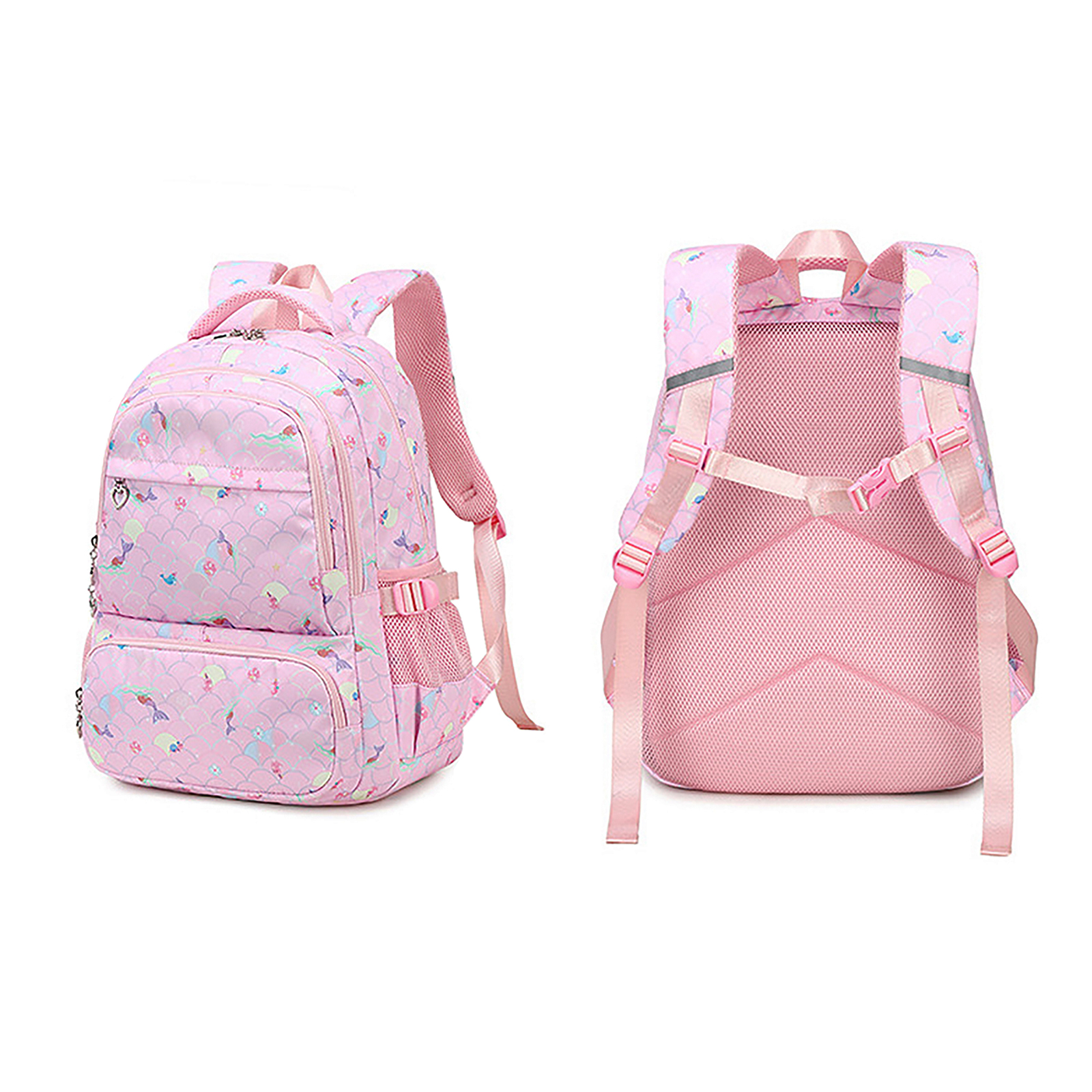 Rosa Rucksack mit Meerjungfrauenmuster. Mit Front- und Seitentaschen sowie gepolsterten Schultergurten. Zweite Ansicht zeigt die Rückseite.