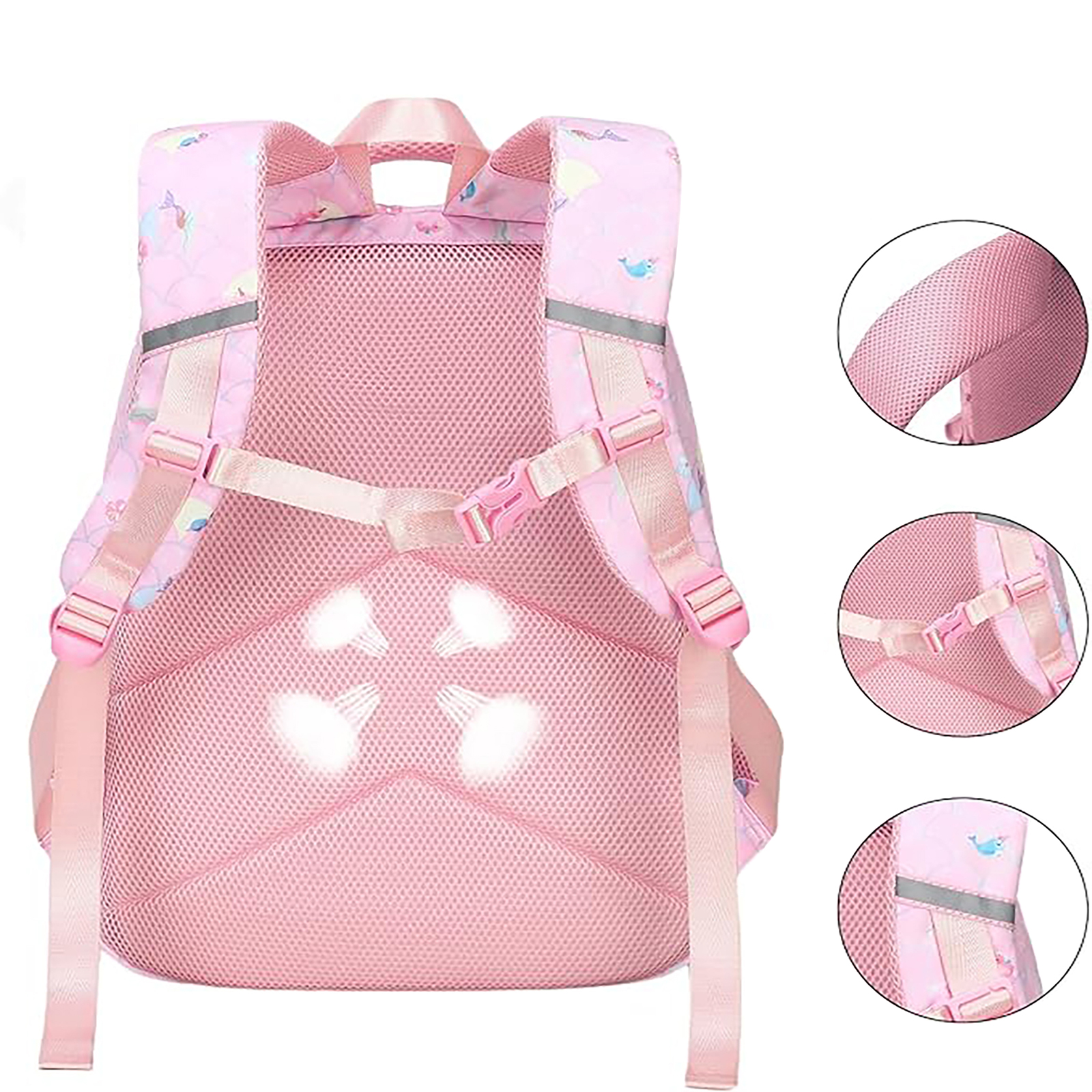 Ein rosa Rucksack mit Meerjungfrauen- und Walmotiven. Er hat verstellbare Träger, rosa Schnallen und ein Netzrückenteil.