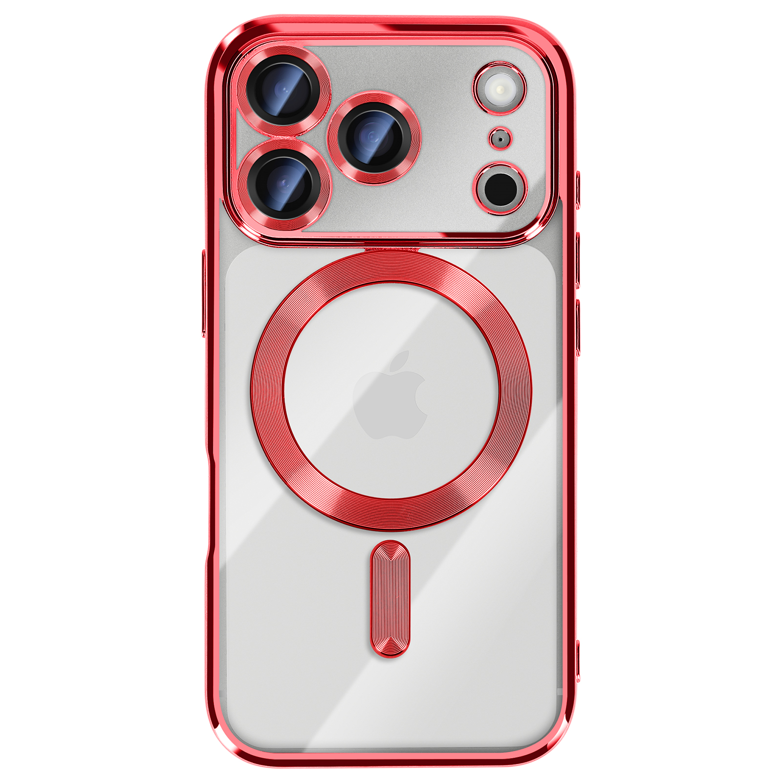 Une coque transparente pour iPhone avec un cadre rouge. Elle a un anneau rouge et un rectangle rouge. Le dos a un logo Apple.
