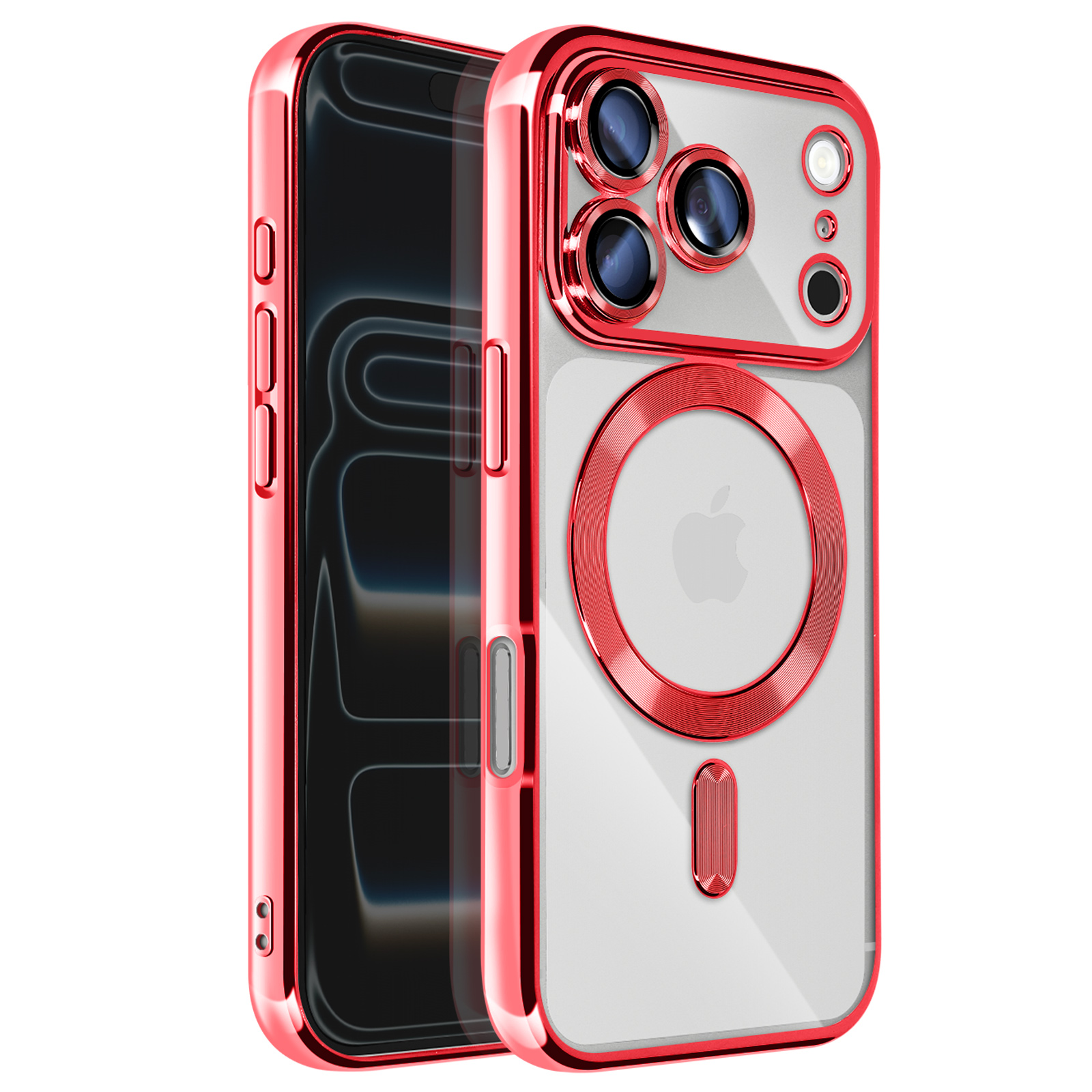 Coque iPhone rouge, dos transparent. Découpes caméra, logo Apple et boutons latéraux. L'écran du téléphone est visible.