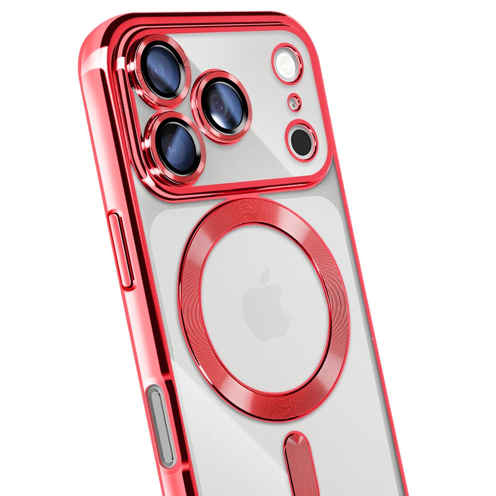 Une coque de téléphone rouge avec un dos transparent et un anneau rouge. La coque a plusieurs découpes pour les caméras.