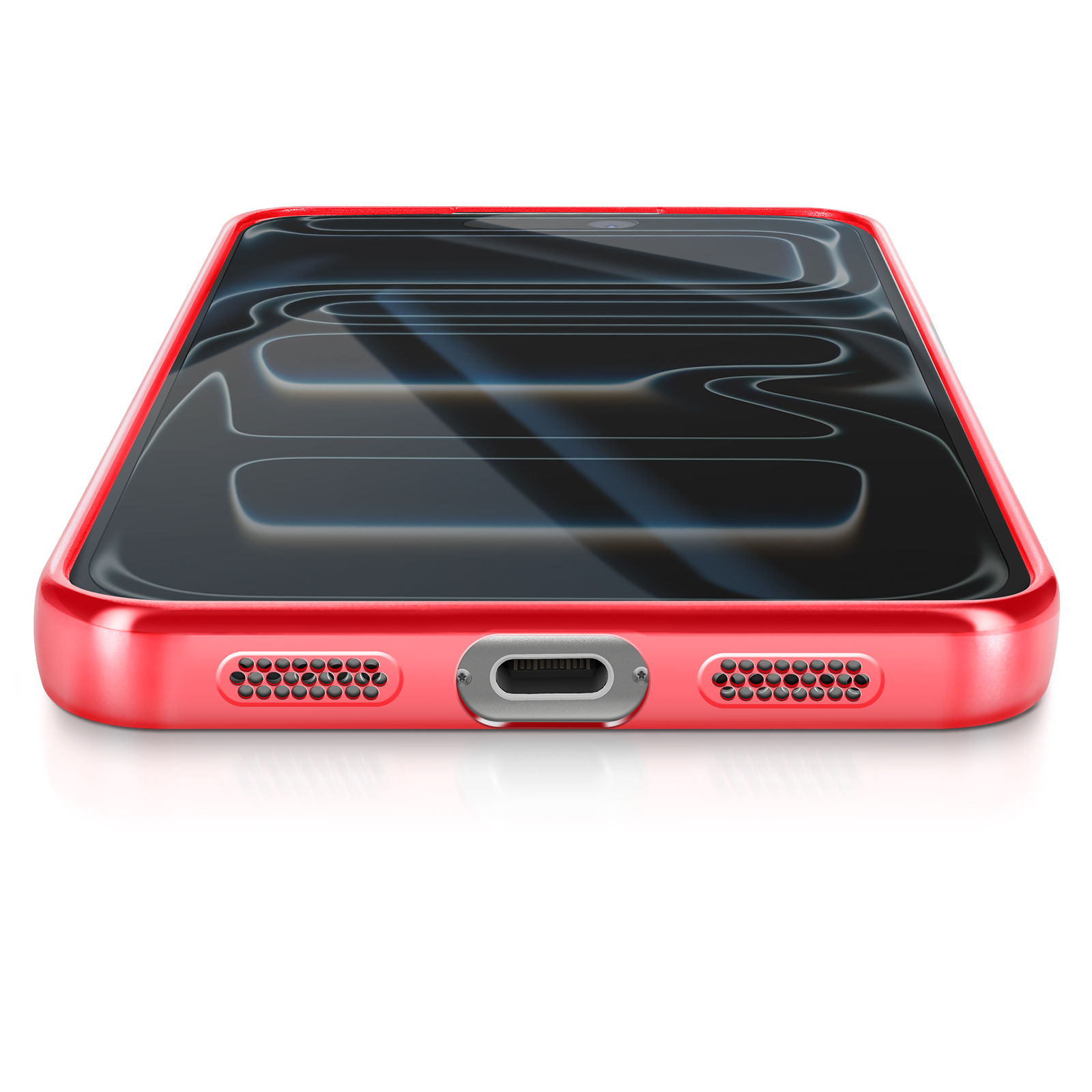 Un téléphone rouge avec un écran noir. Comprend un port de charge et des trous de haut-parleur, sur fond blanc.