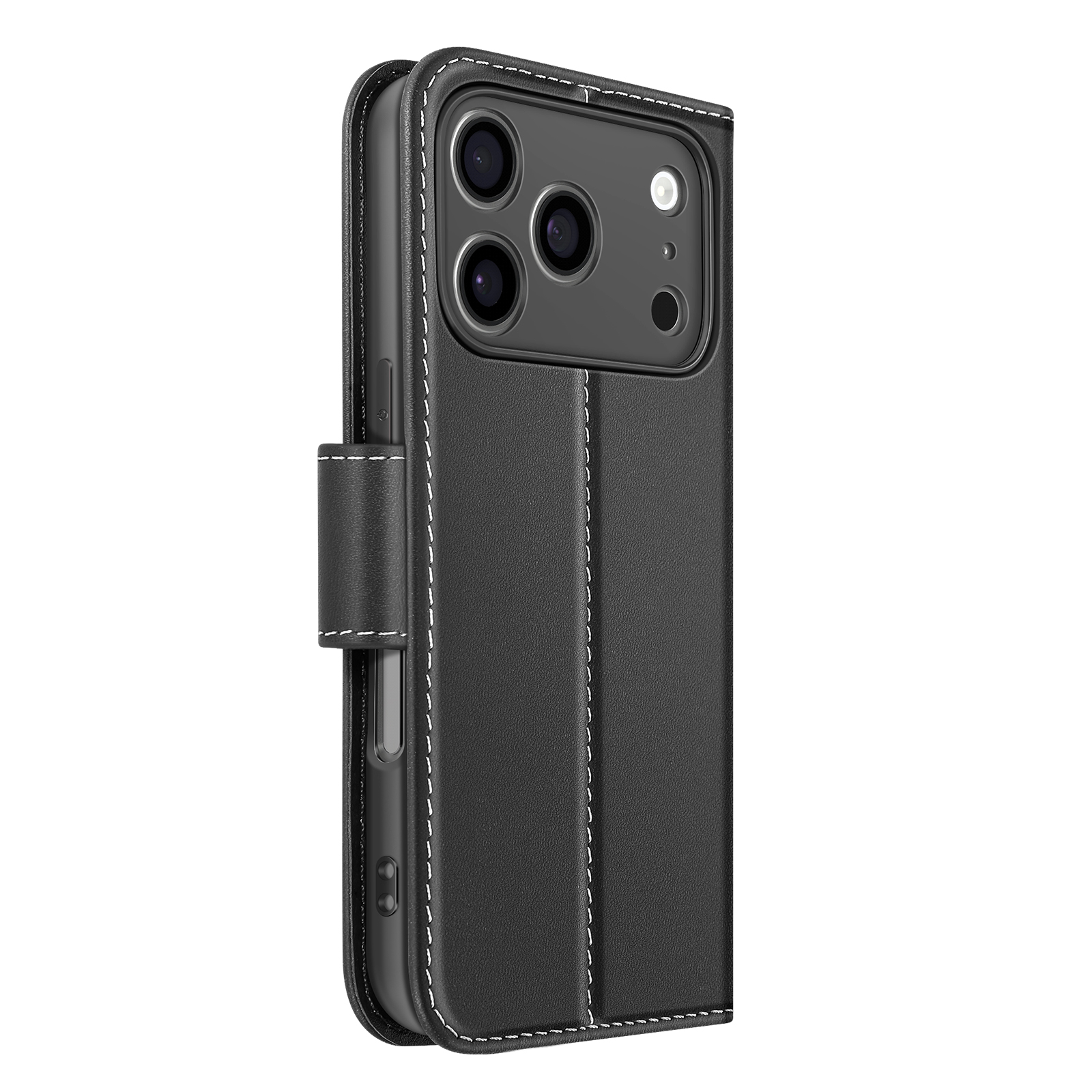 Una custodia per telefono nera con design a portafoglio. Presenta cuciture bianche e chiusura magnetica.