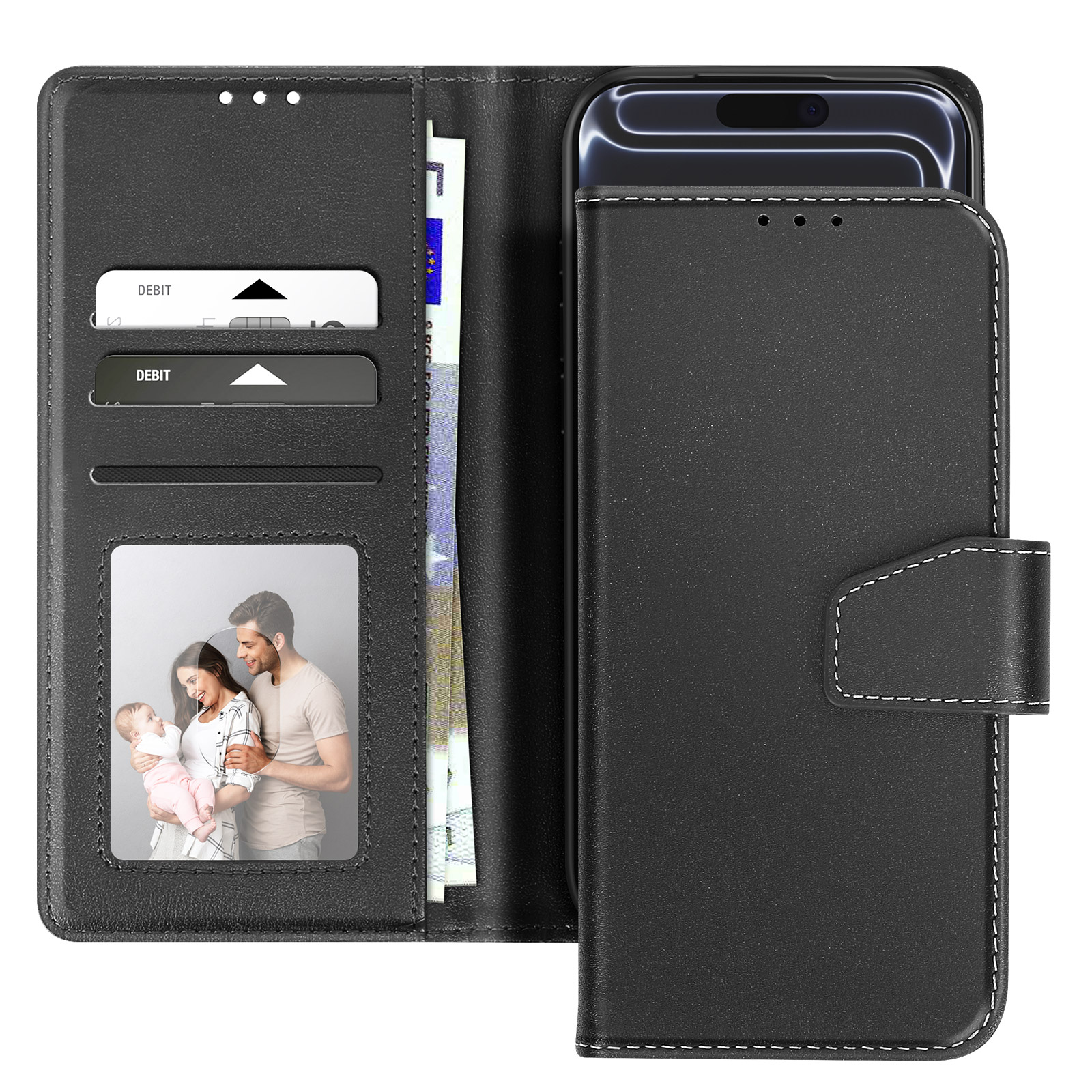 Custodia per telefono in pelle nera con telefono. Ha scomparti per carte, foto di famiglia e banconote in euro.