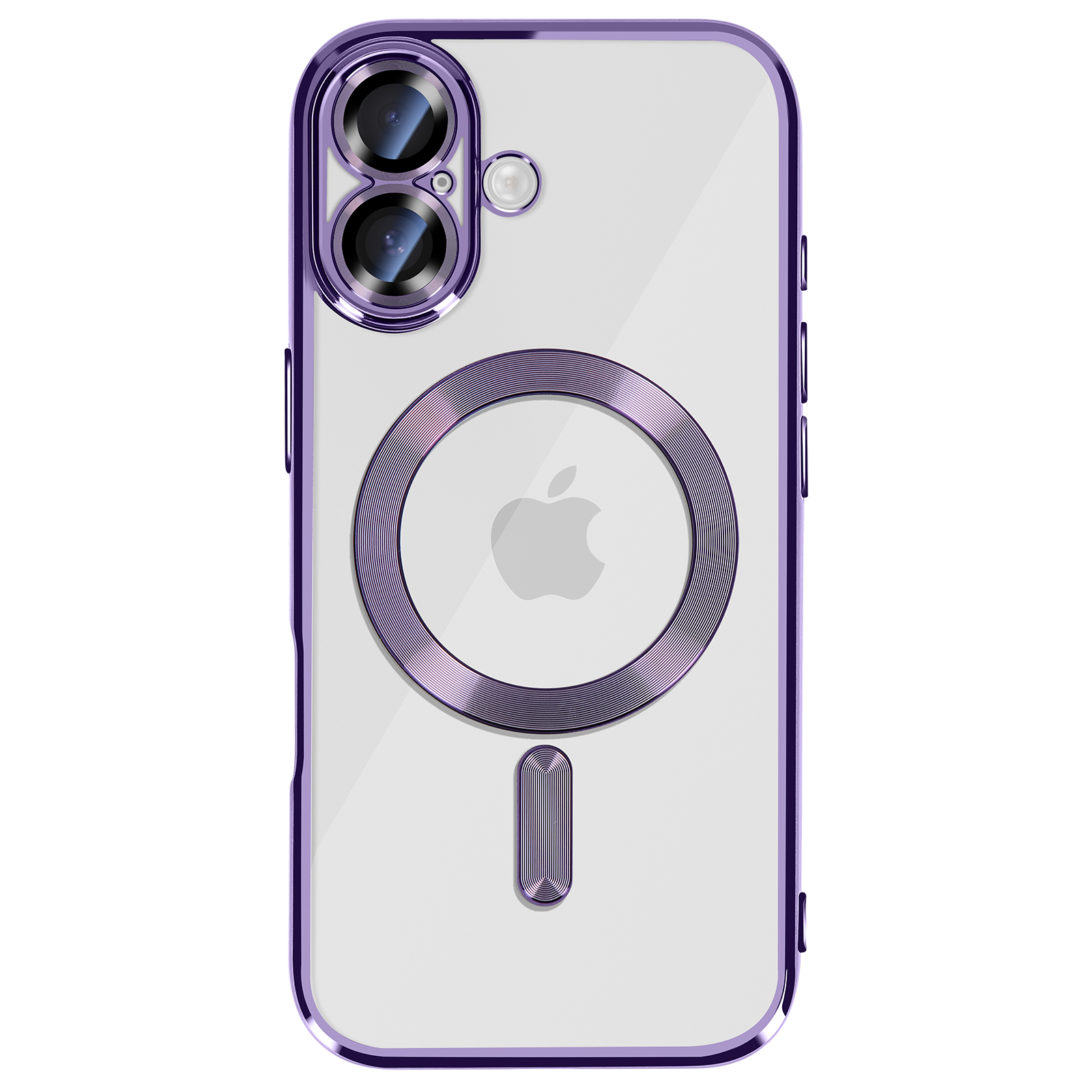 Coque de téléphone transparente avec bordures et accents violets. Logo Apple visible, avec caméra et anneau magnétique.