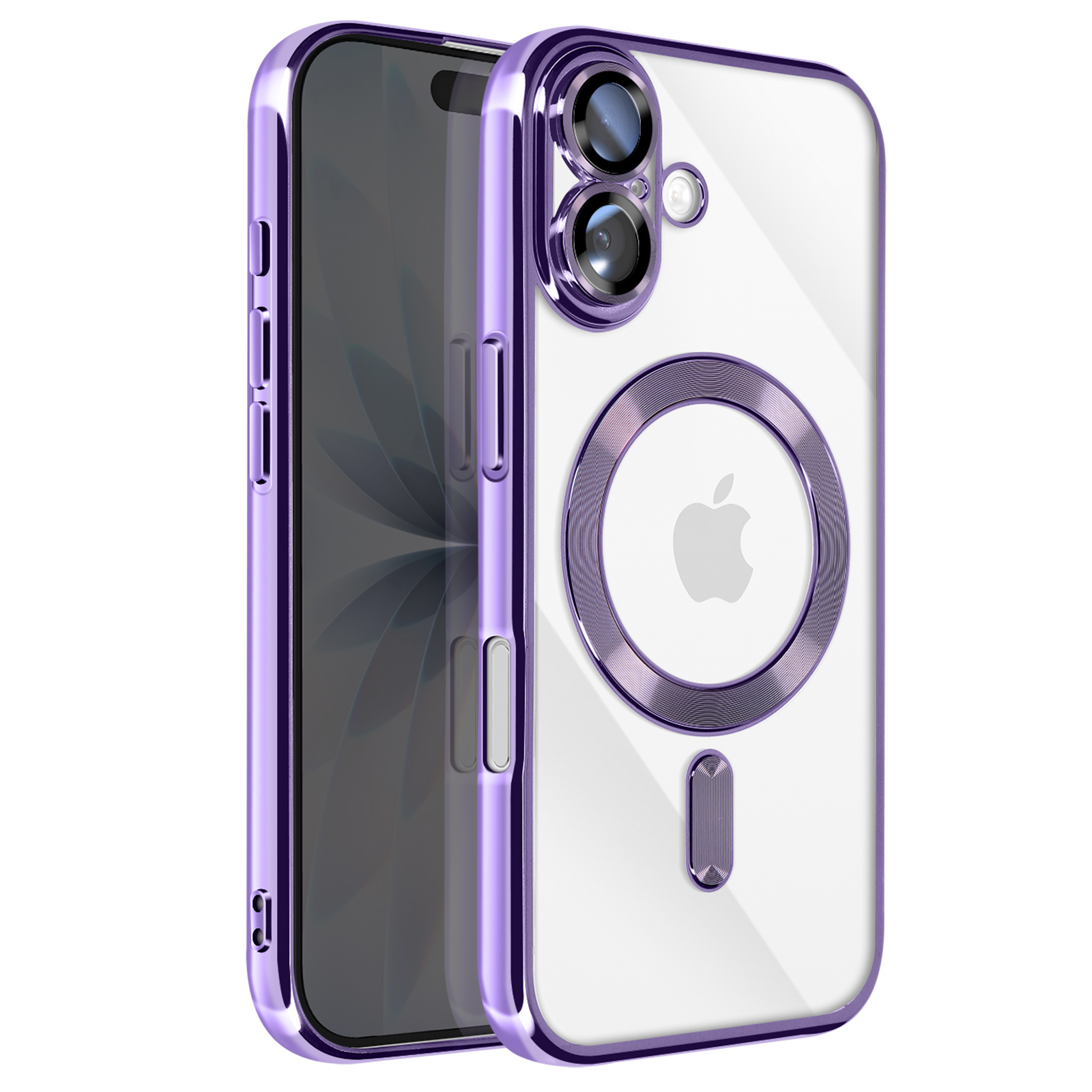 Une coque transparente pour iPhone avec un cadre violet. La coque a un anneau MagSafe et un logo Apple. L'écran du téléphone est visible.