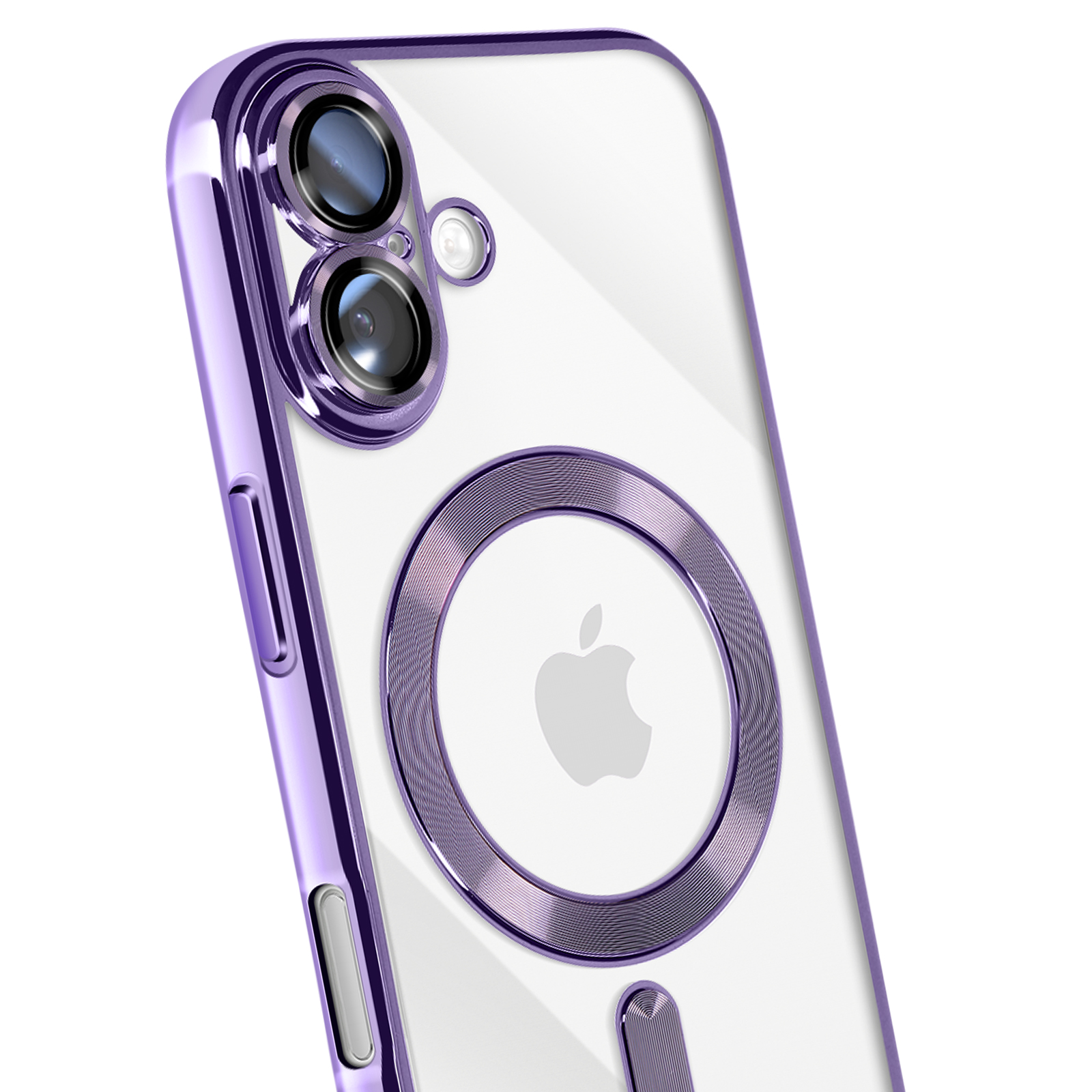 Gros plan sur une coque d'iPhone violette. Elle présente des lentilles de caméra, un anneau MagSafe avec le logo Apple et un bouton latéral.
