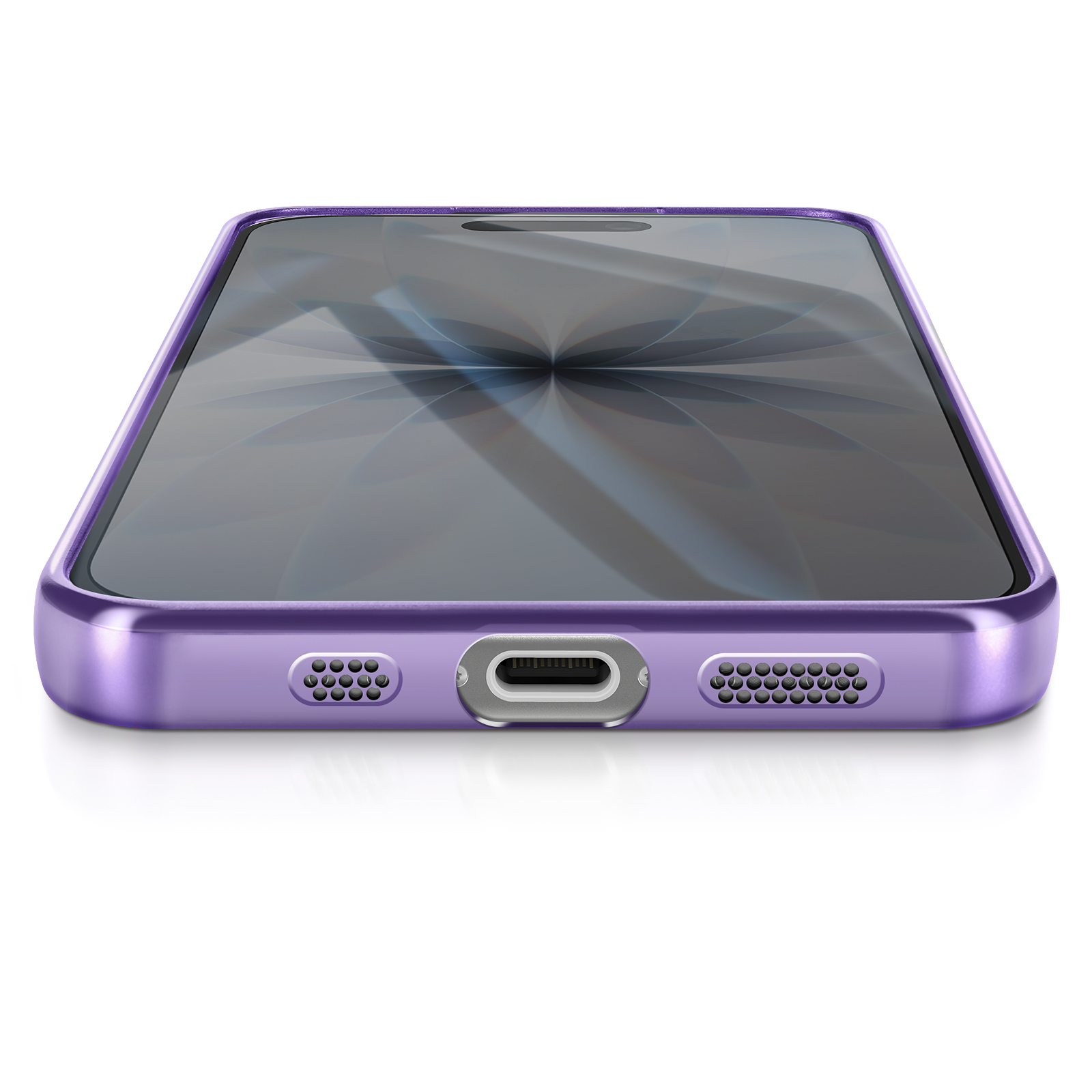 Un téléphone violet est à plat. L'écran reflète la lumière. Le bas montre des trous de haut-parleur et un port de chargement.